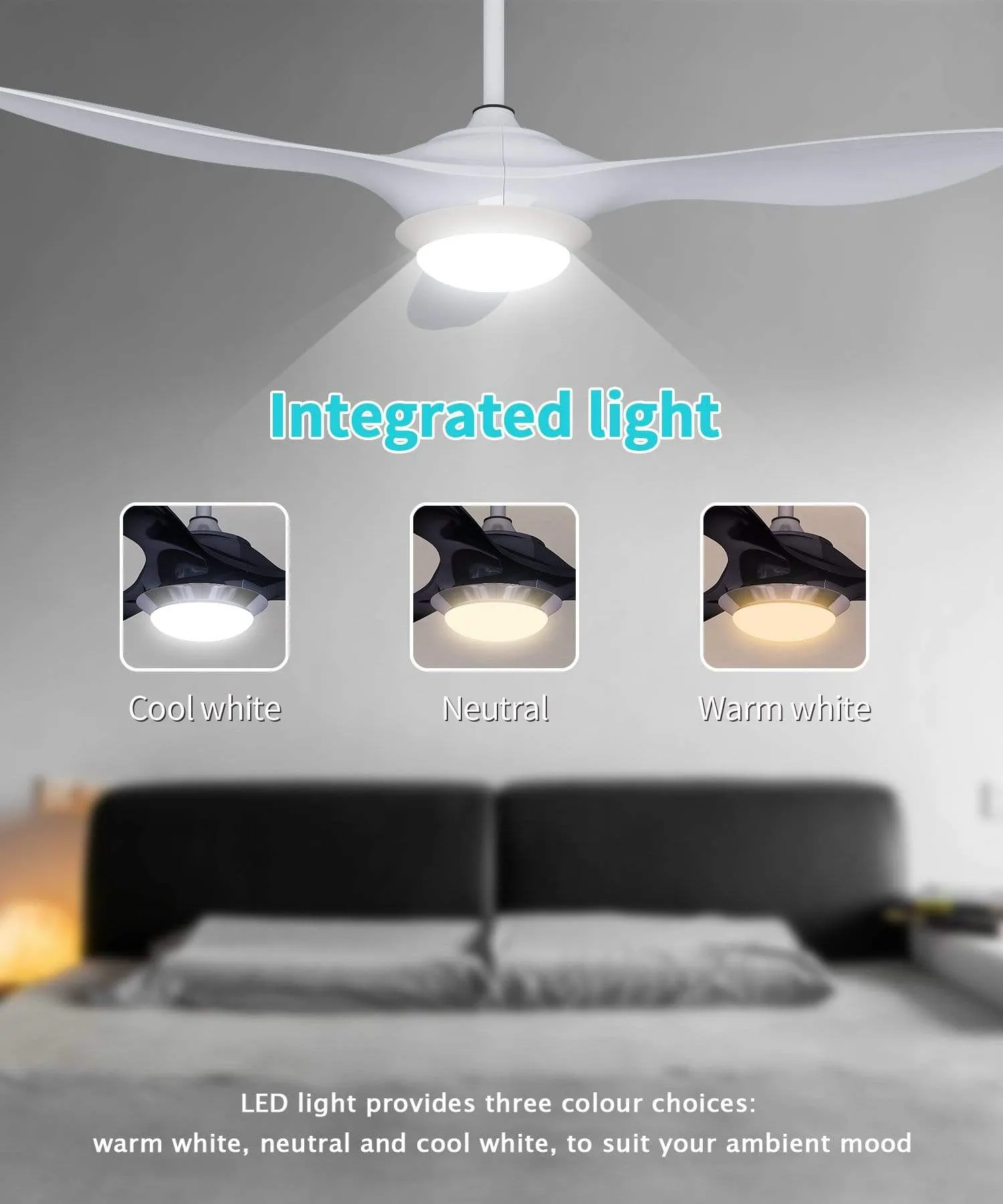 1320mm DC With 3 Colors LED Light 3 Blades Ceiling Fan