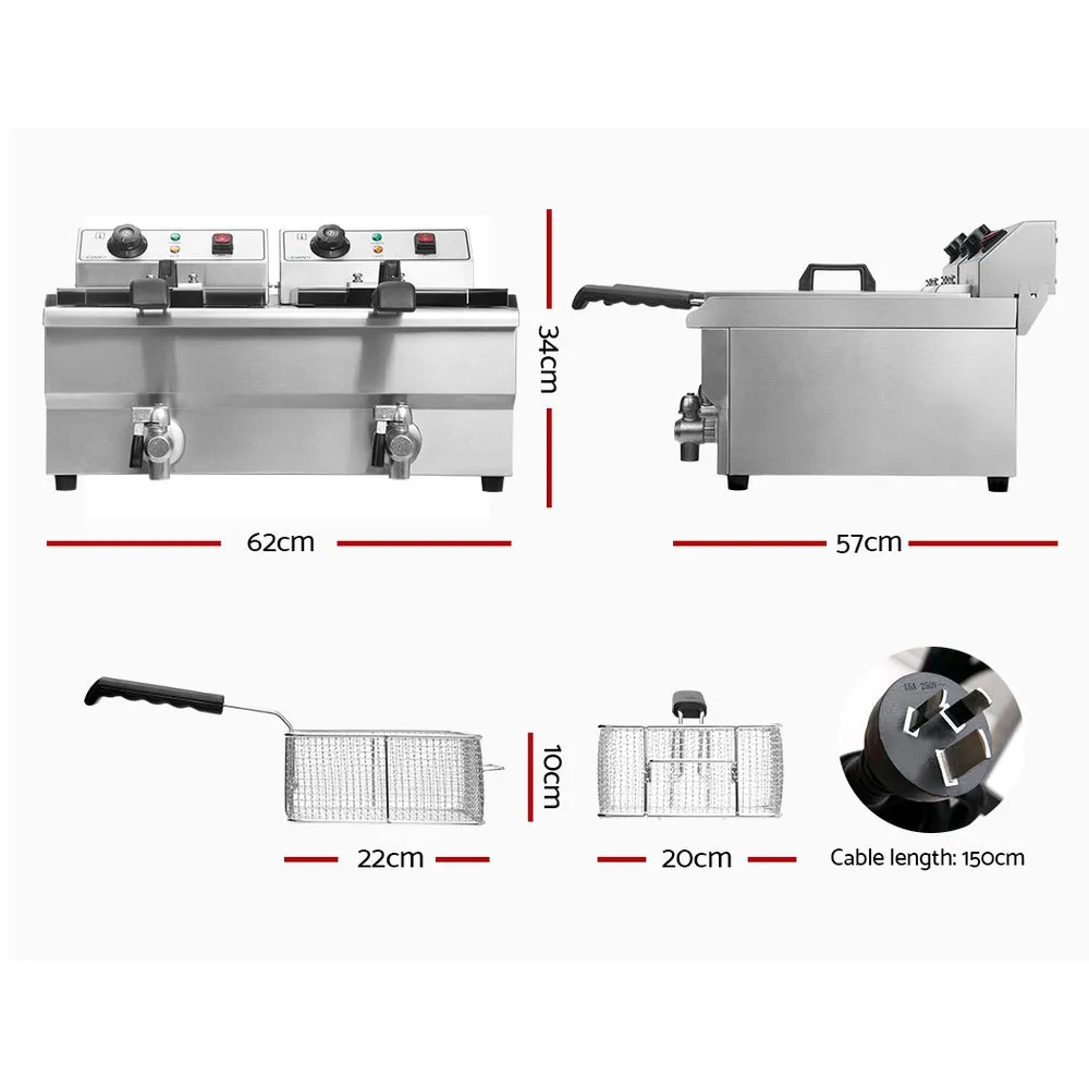 20L Electric Commercial Deep Fryer Double Baskets Oil Taps 6000W