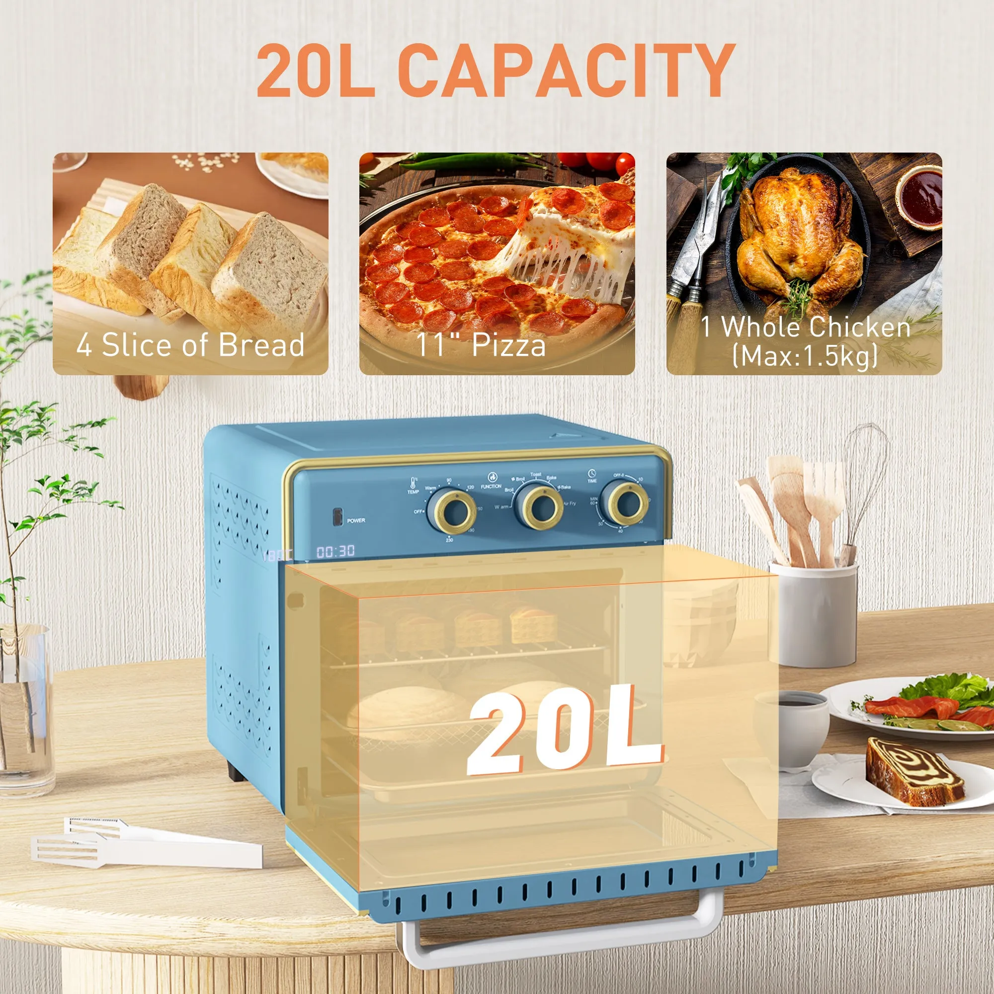 20L Mini Oven Toaster Oven w/ Warm Broil Toast Bake Air Fryer Timer 1400W Blue