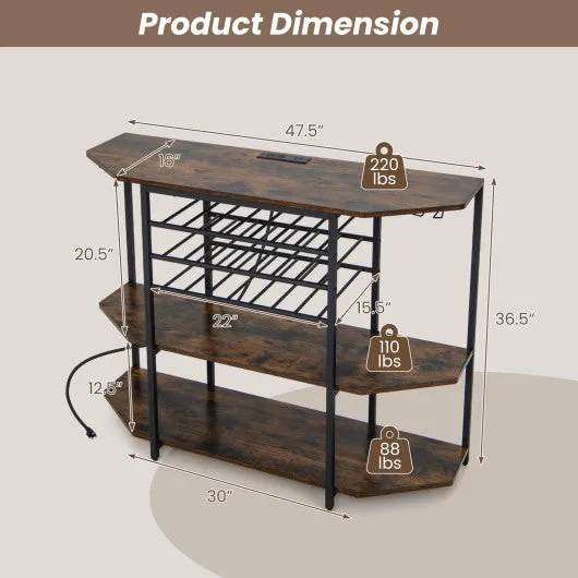 3-Tier Wine Bar Cabinet with Storage Shelves-Brown