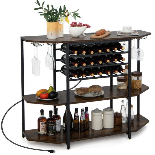 3-Tier Wine Bar Cabinet with Storage Shelves-Brown