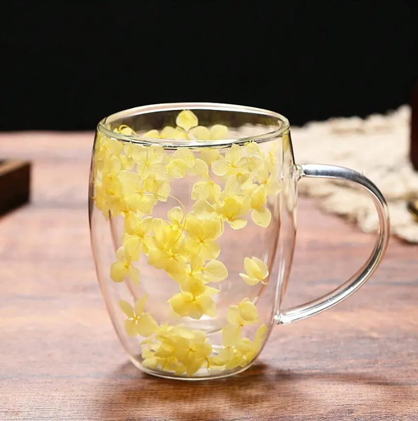 350ml Flower Petals Double Walled Glass Coffee Mug