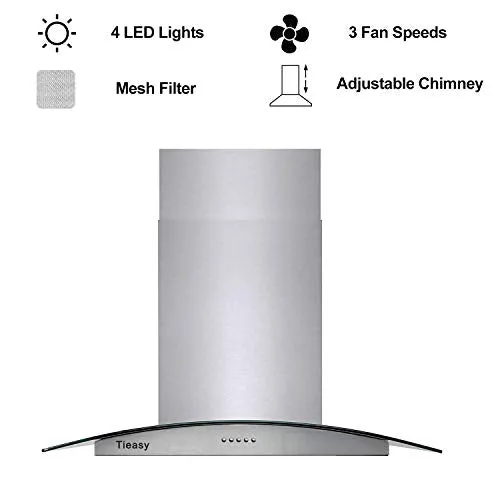 36 inch Island Range Hood 700 CFM Ceiling Mount Hood Stainless Steel Stove Vent Hood with Tempered Glass, Push Button Controls, Mesh Filters