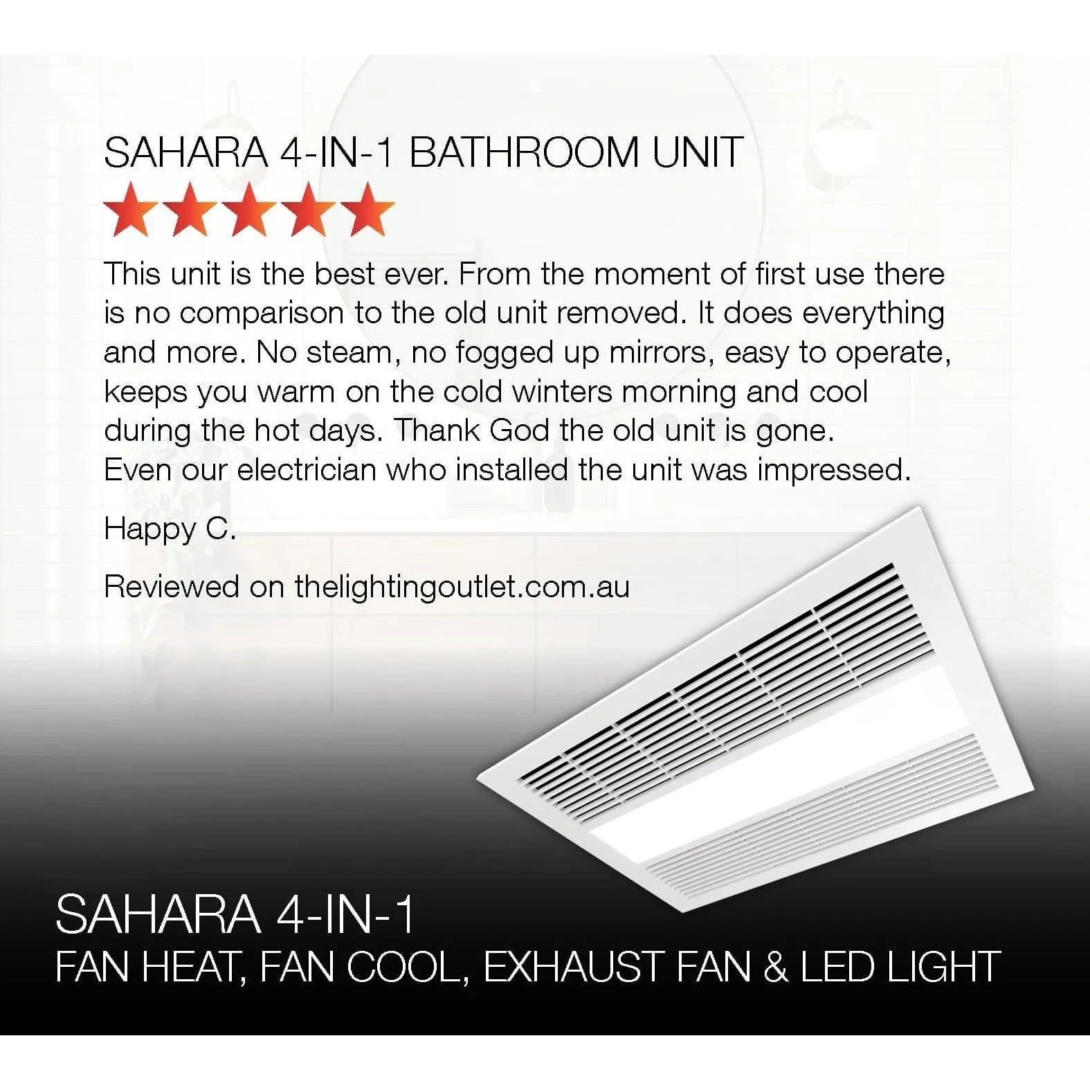 380m³/hr Ventair Sahara 4 in 1 Heat/Cool Exhaust Fan w/ LED Light, SAH31WH, SAH31BL