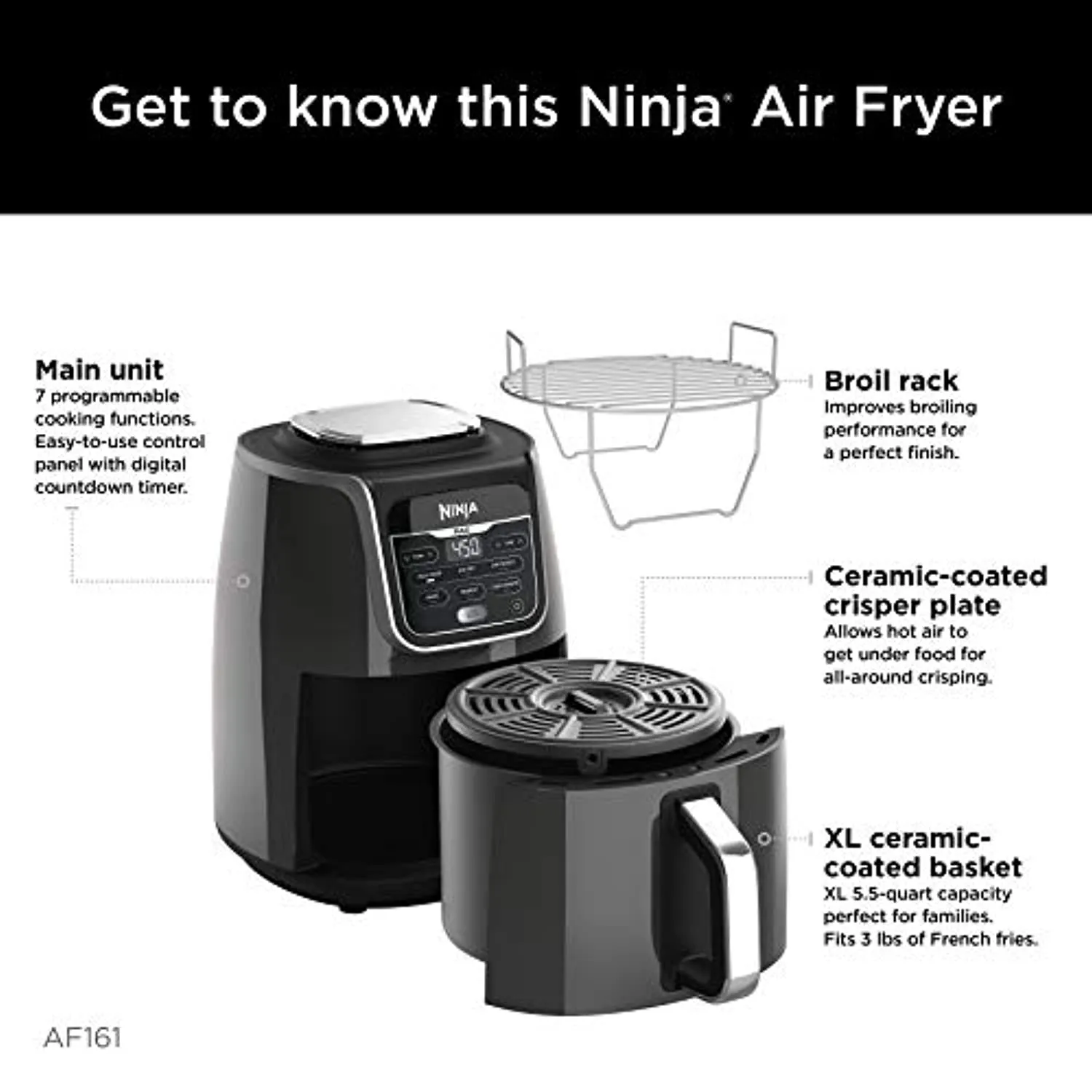 Air Fryer 5.5 Quart Capacity, Cooks, Crisps, Roasts, Broils, Bakes, Reheats and Dehydrates