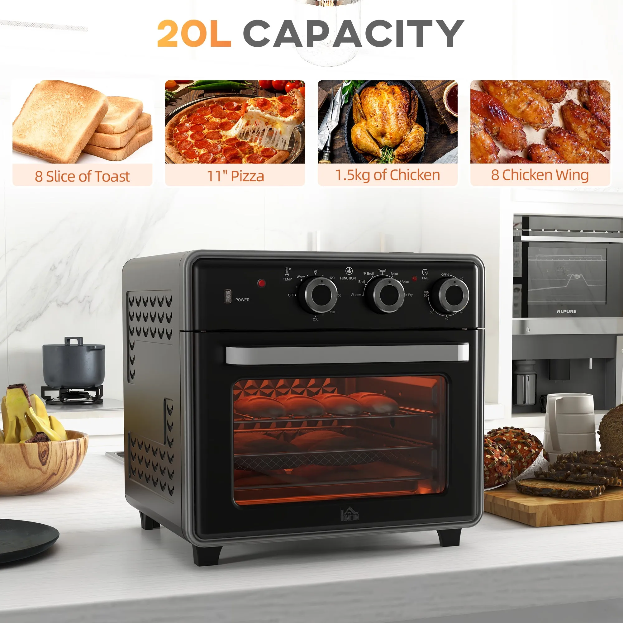 Air Fryer Oven, 20L Mini Oven, Countertop Convection Oven with Adjustable Temp and Timer, Oil-Less Cooking, 1400W