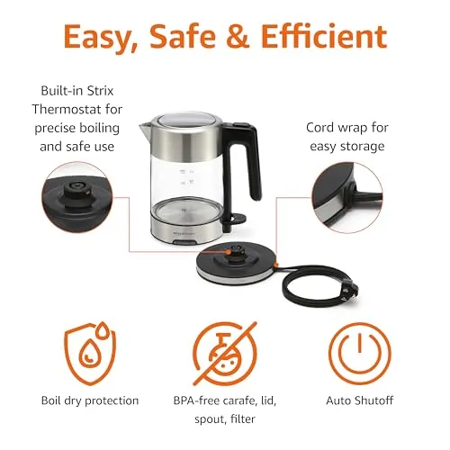 Amazon Basics Electric Kettle, Tea Kettle for Hot Water, Coffee & Tea, With Auto Shut-Off, Boil Dry Protection, Strix Thermostat, BPA-Free, 1.1 Quarts (1.0L), 1500W, Glass and Steel, Black & Silver