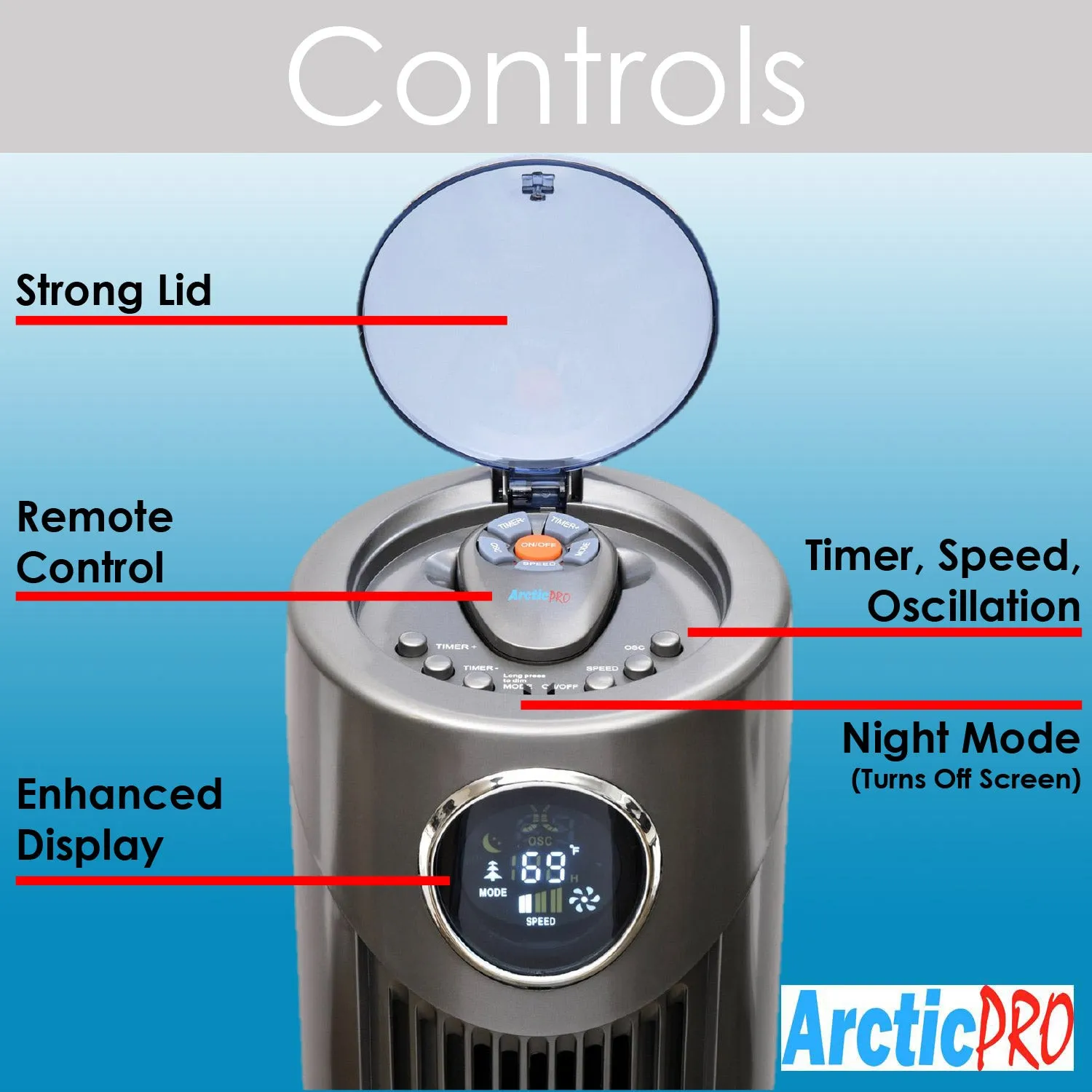 Arctic-Pro Digital Screen Oscillating Tower Fan with Remote Control, Dark Gray, 42-Inch