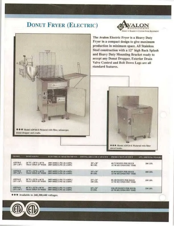 Avalon (ADF34-E) Donut Fryer 34" X 24" Electric (3 phase) left Side Drain Board with Submerge Screen