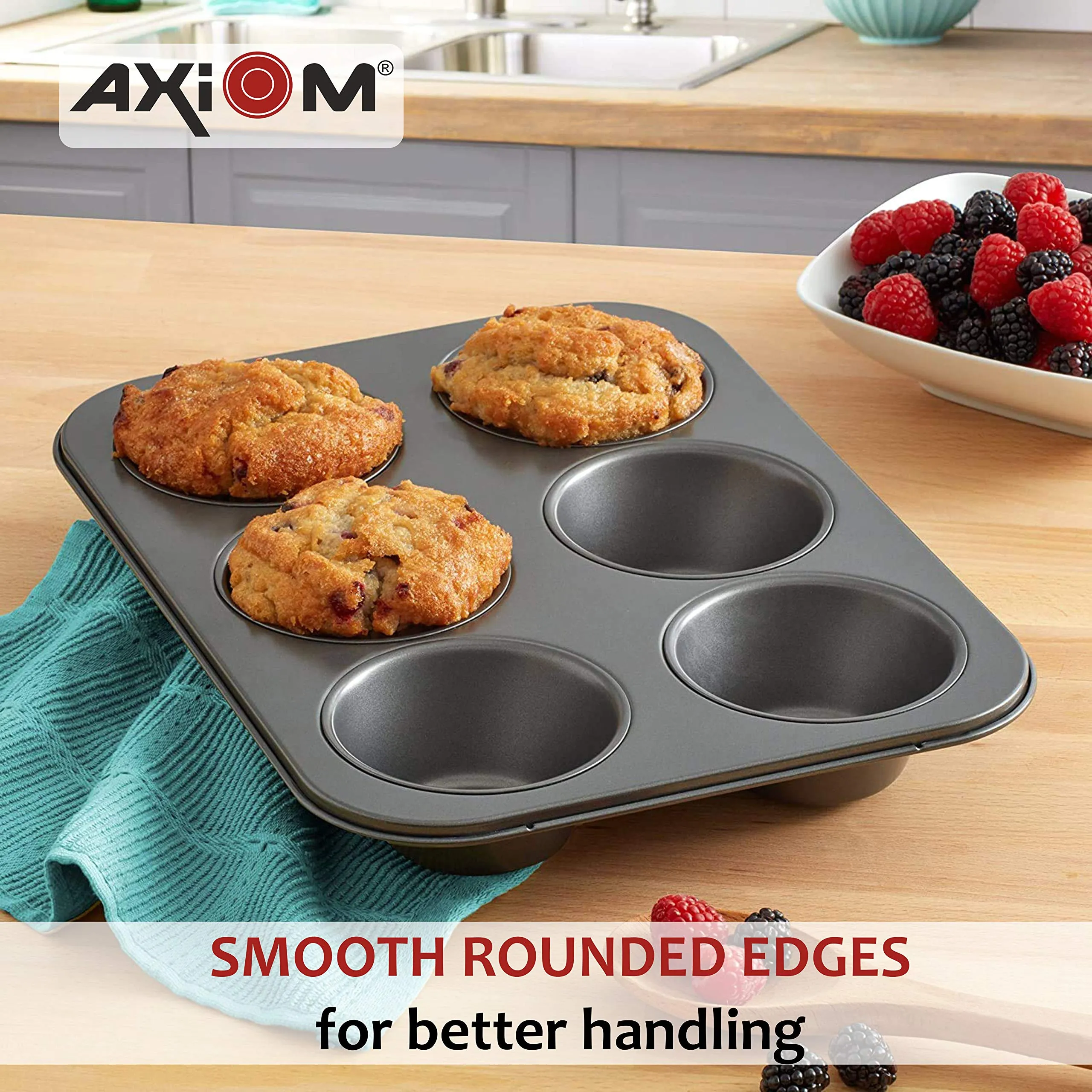 AXIOM Muffin Mould & Silicon Spatula with Brush. Non-Stick Carbon Steel Cup Cake Tray 6 Cups, & Silicon Brush with Spatula. Set of 3 bakeware