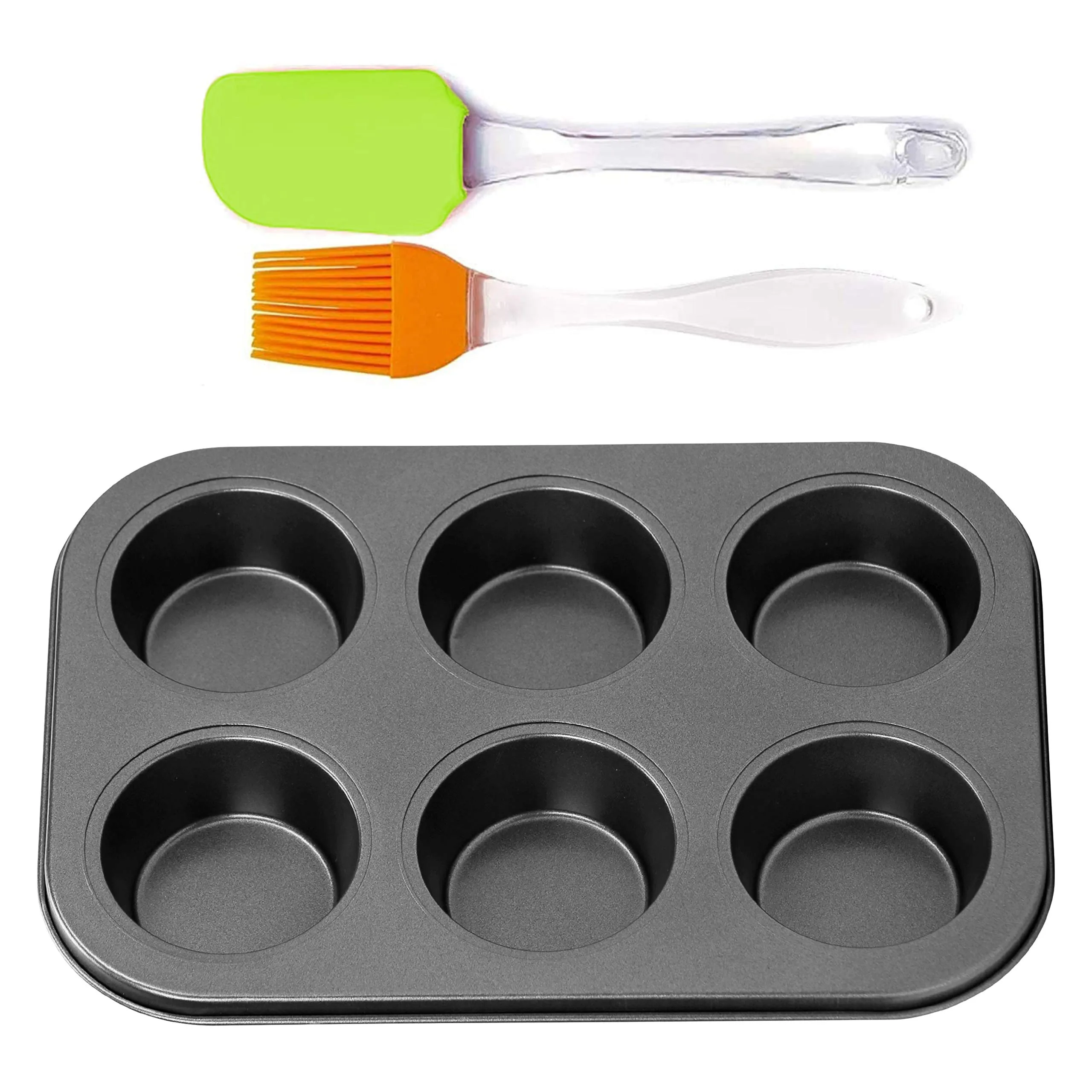 AXIOM Muffin Mould & Silicon Spatula with Brush. Non-Stick Carbon Steel Cup Cake Tray 6 Cups, & Silicon Brush with Spatula. Set of 3 bakeware