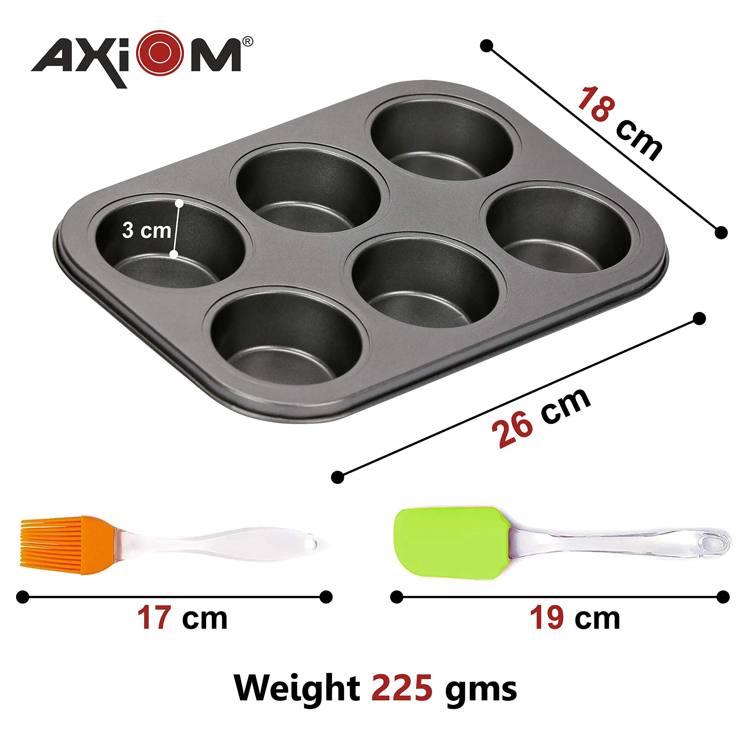 AXIOM Muffin Mould & Silicon Spatula with Brush. Non-Stick Carbon Steel Cup Cake Tray 6 Cups, & Silicon Brush with Spatula. Set of 3 bakeware