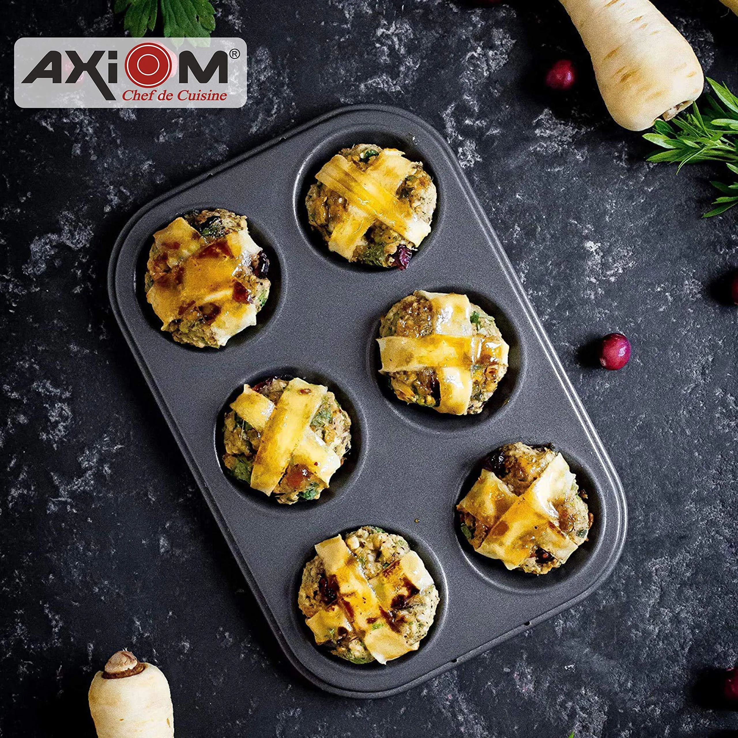 AXIOM Muffin Mould & Silicon Spatula with Brush. Non-Stick Carbon Steel Cup Cake Tray 6 Cups, & Silicon Brush with Spatula. Set of 3 bakeware