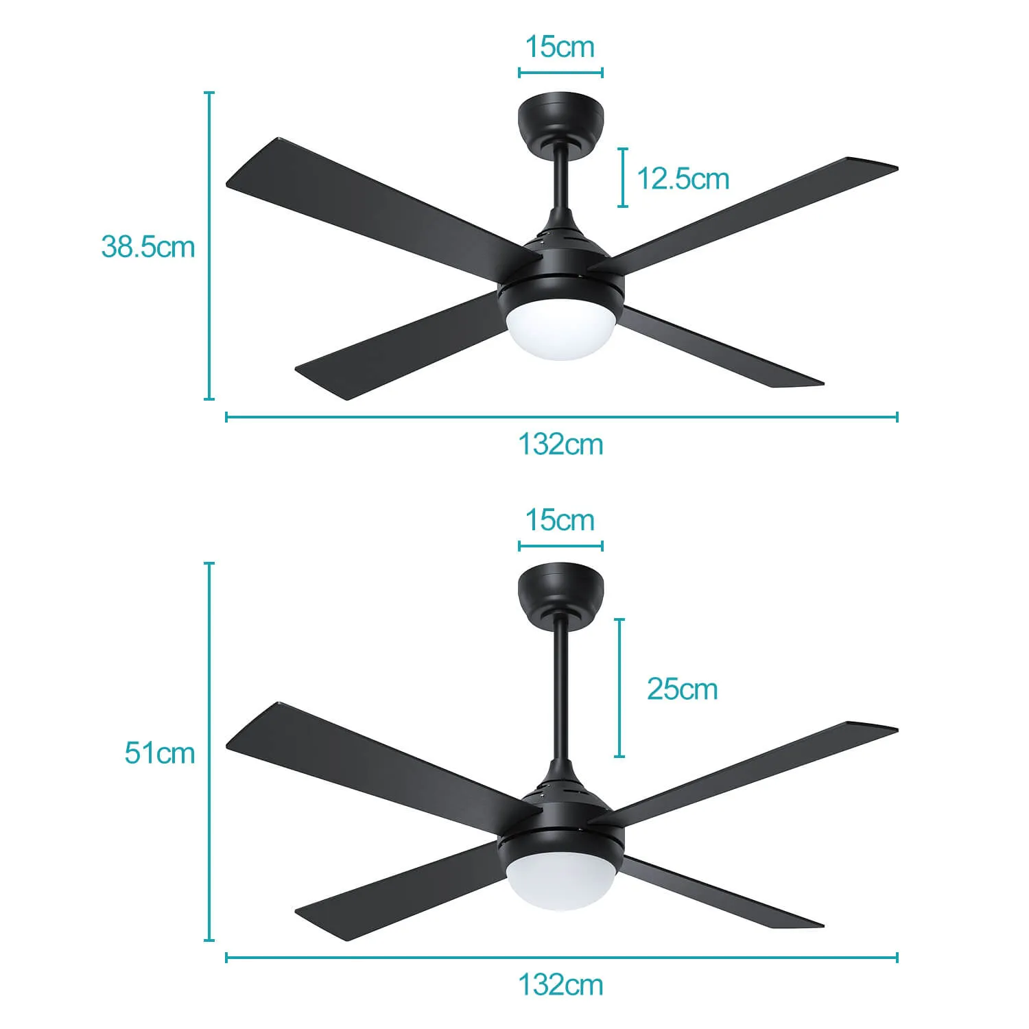 Black 1320mm With 3 Colors LED Light 4 Blades Ceiling Fan AC Motor