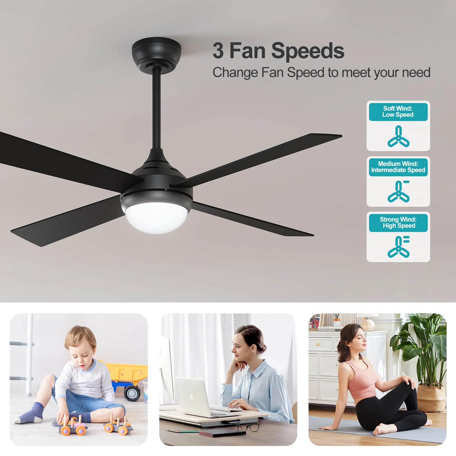 Black 1320mm With 3 Colors LED Light 4 Blades Ceiling Fan AC Motor