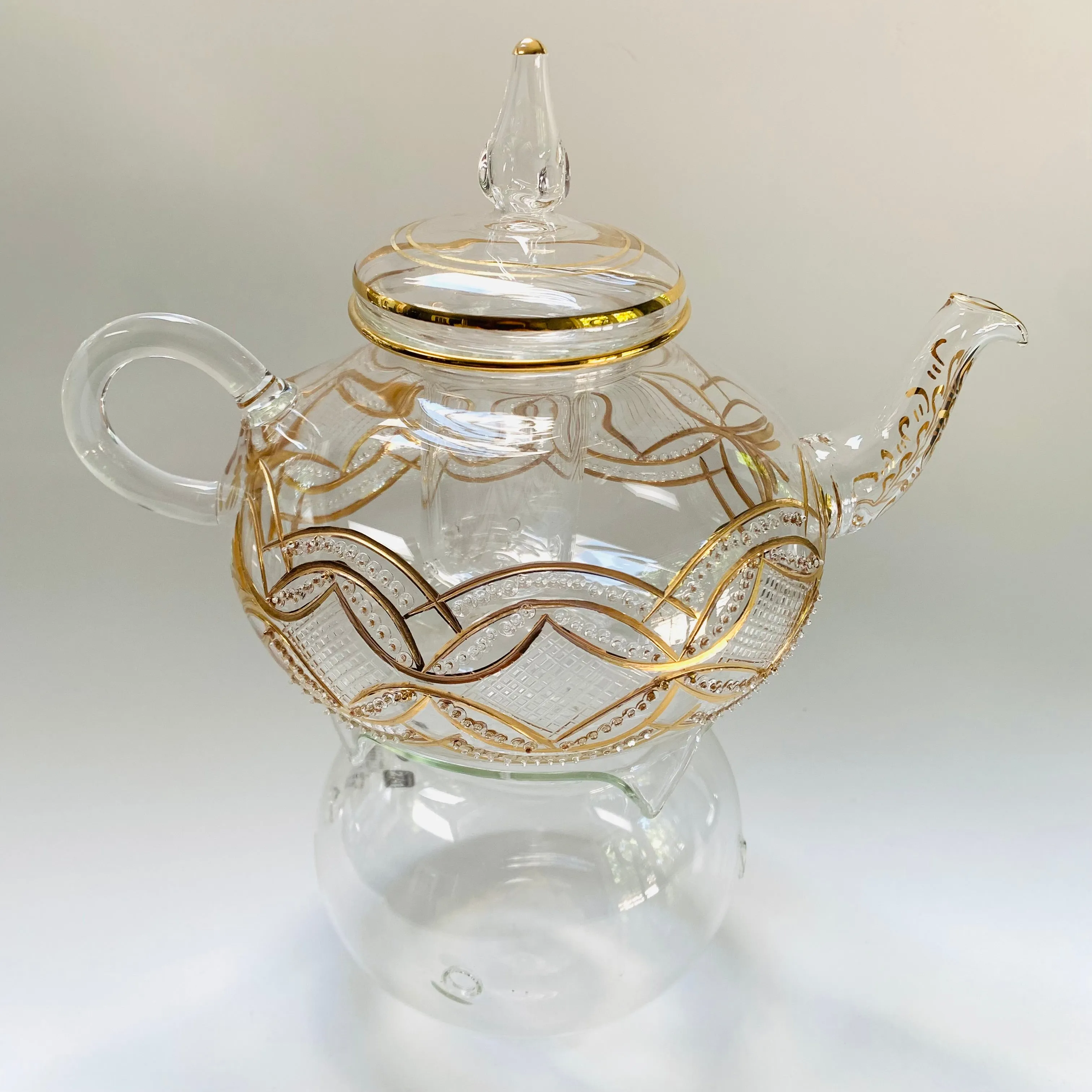 Blown Glass Teapot with Warmer - Gold Carousel