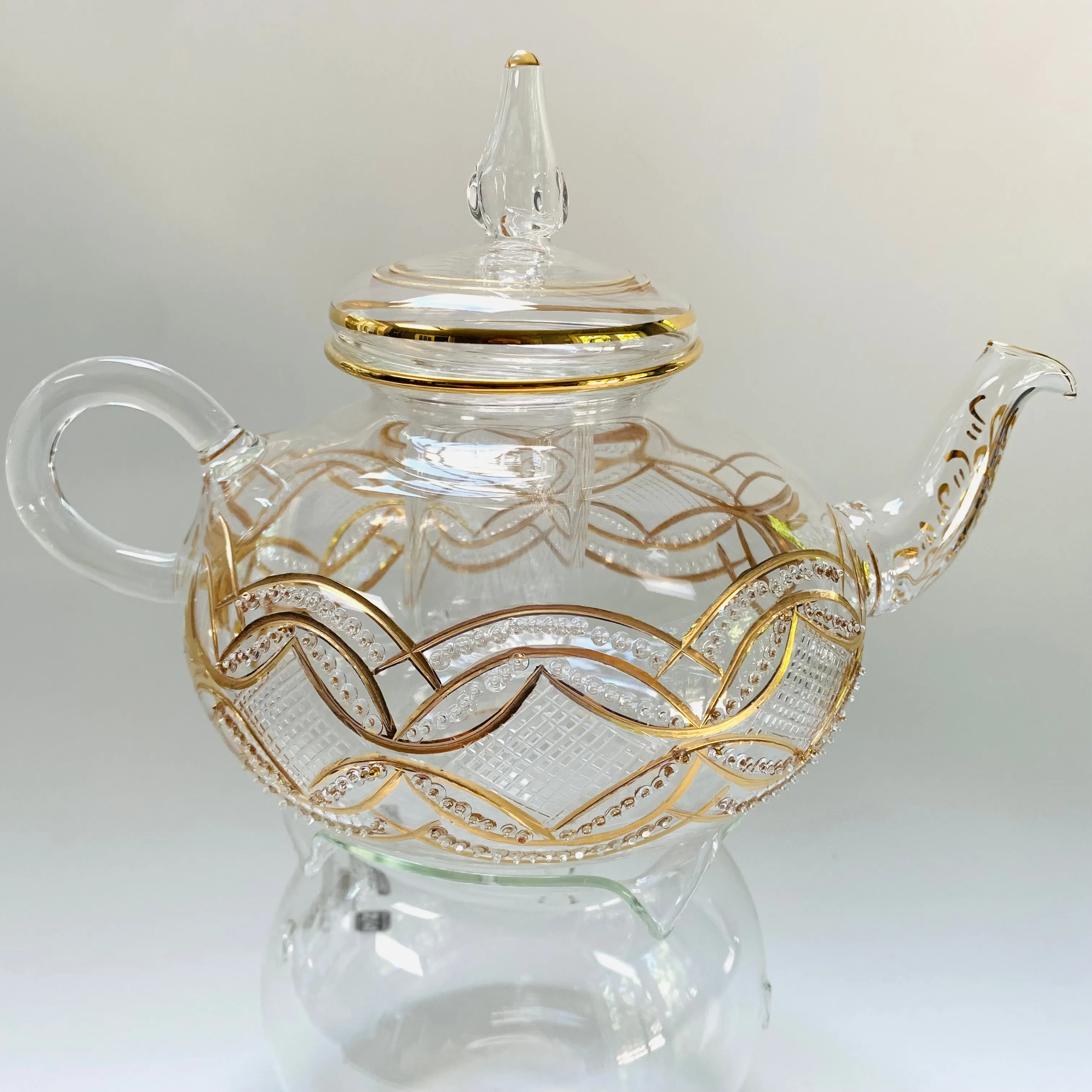 Blown Glass Teapot with Warmer - Gold Carousel