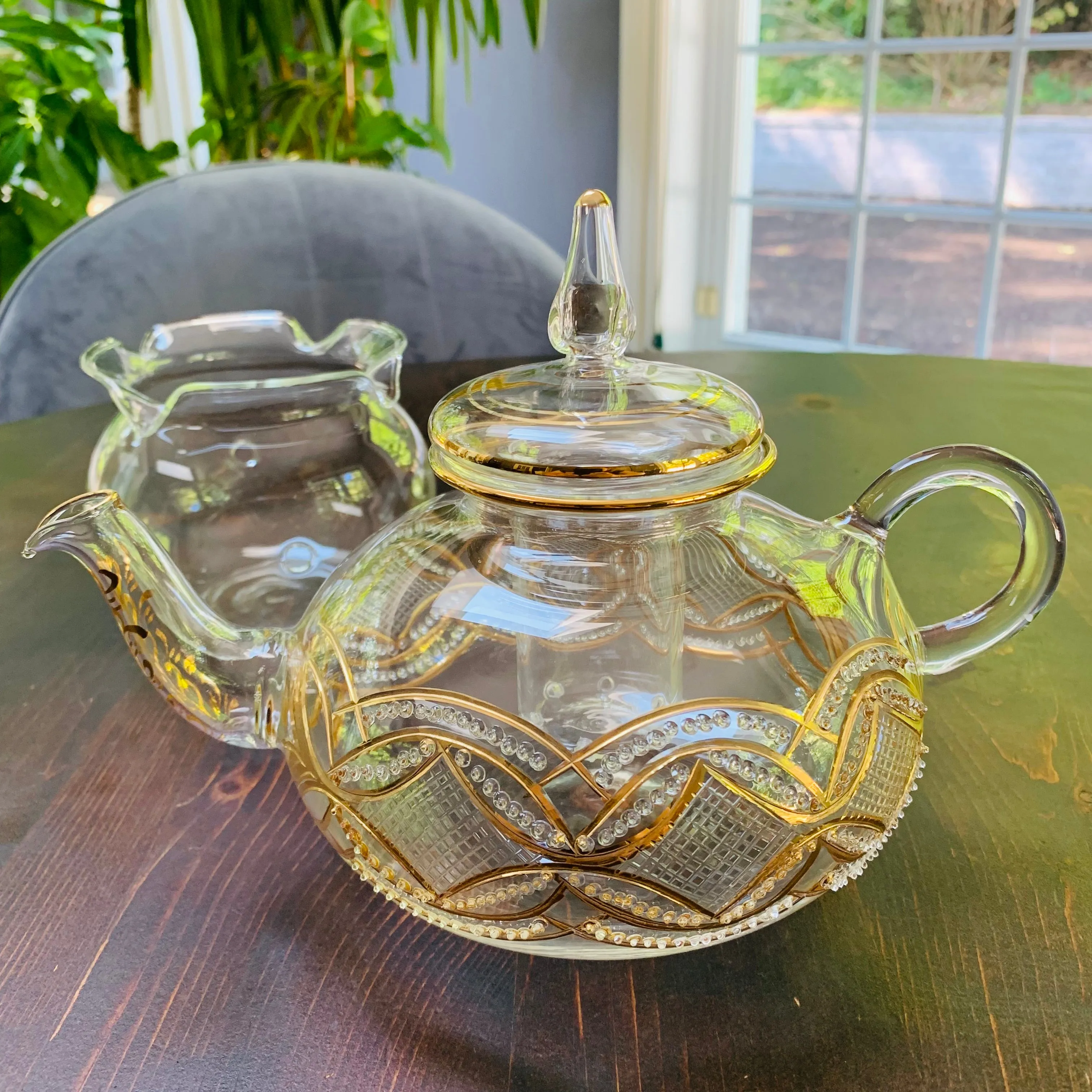 Blown Glass Teapot with Warmer - Gold Carousel