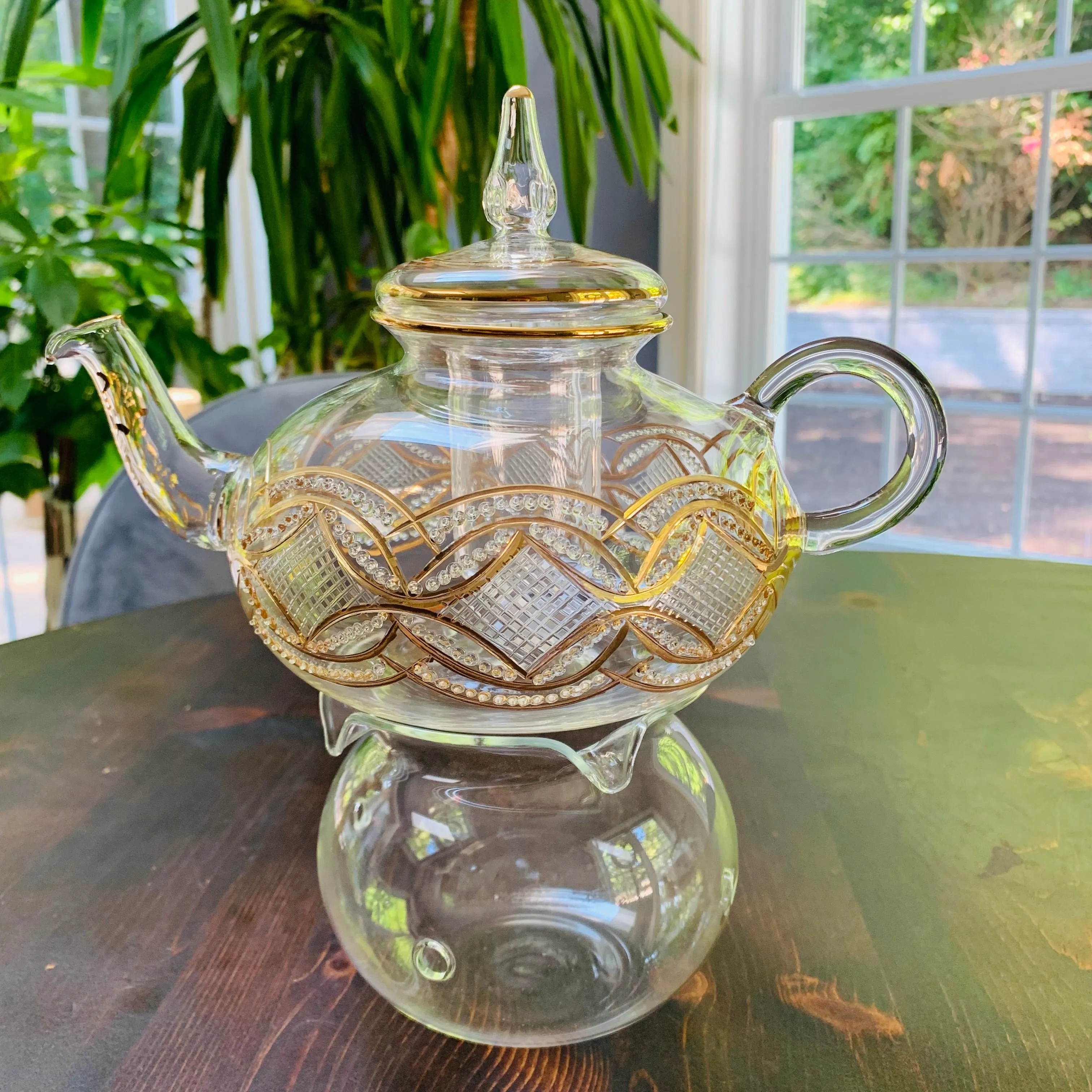 Blown Glass Teapot with Warmer - Gold Carousel