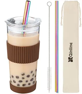 Boba Cup Reusable Bubble Tea Cup Smoothie Cups, 24Oz Glass Boba Tumbler with Lids & 2 Angled Straw, Silicone Sleeve, Leakproof Drinking Bottle Juicing Travel Mug for Large Pearl Coffee Christmas Gifts