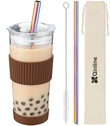 Boba Cup Reusable Bubble Tea Cup Smoothie Cups, 24Oz Glass Boba Tumbler with Lids & 2 Angled Straw, Silicone Sleeve, Leakproof Drinking Bottle Juicing Travel Mug for Large Pearl Coffee Christmas Gifts