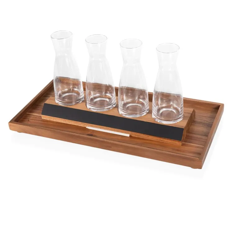 Cava Wine Tasting Kit with Four Glass Carafes - Acacia Wood