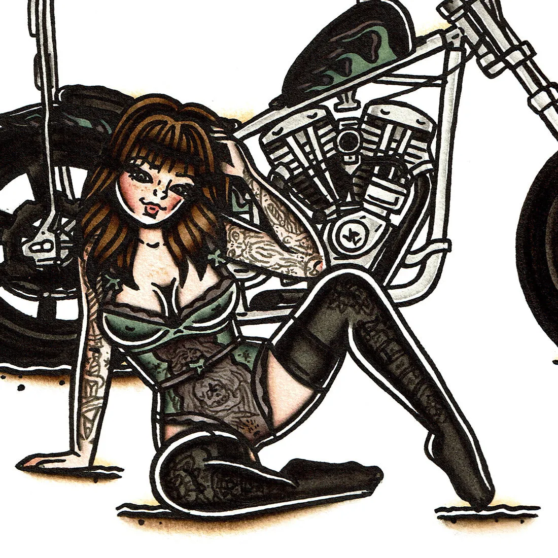 Cone Shovel Chopper Pinup (Green and Purple Flames) Original Painting