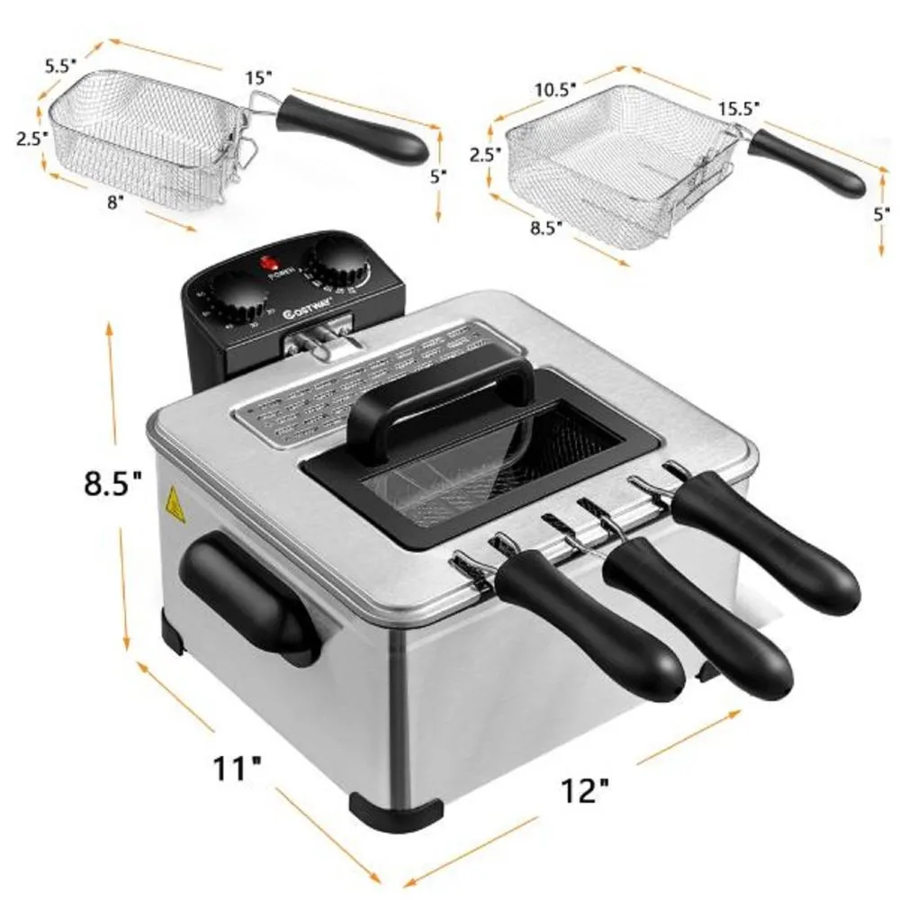 Costway BXD4-A955U1 Electric Deep Fryer 5.3QT/21-Cup Stainless Steel 1700W w/ Triple Basket