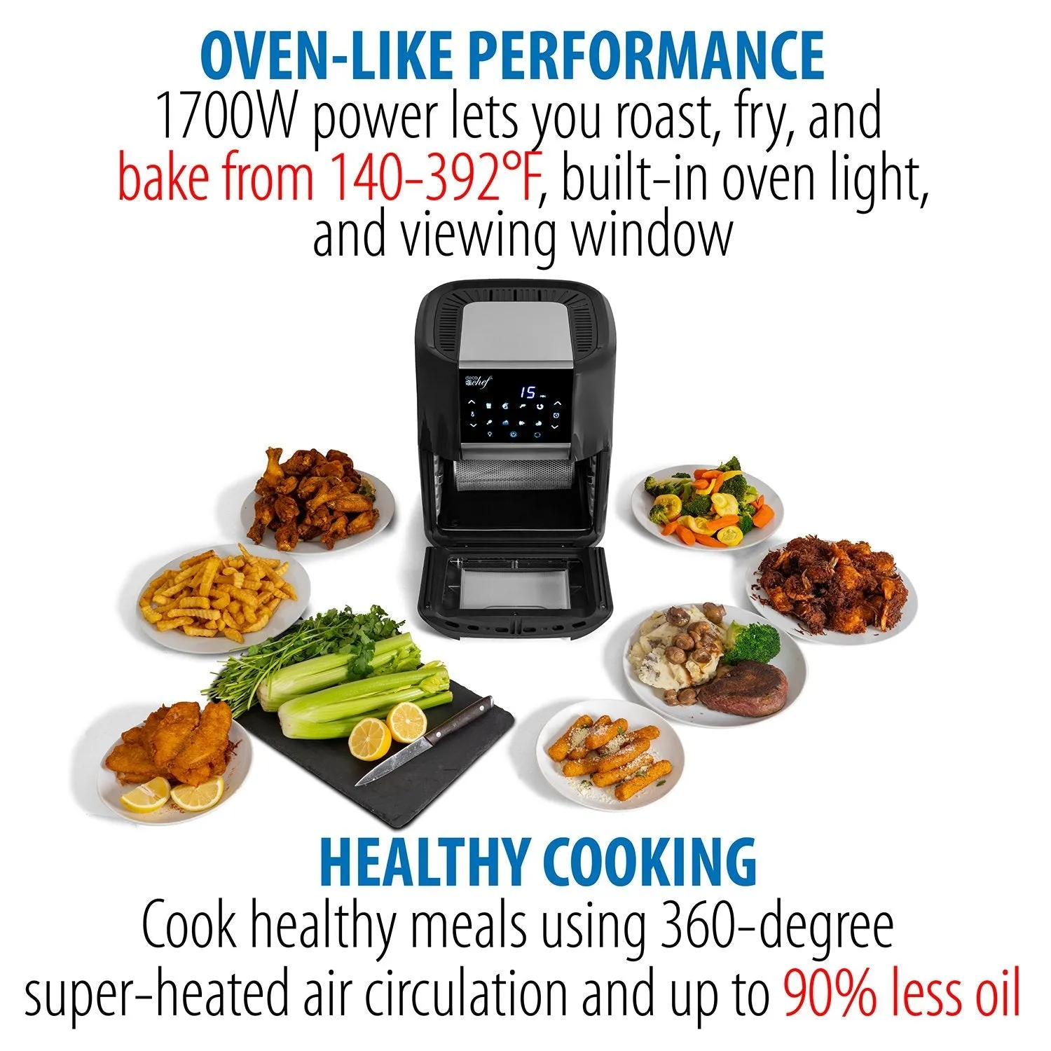 Deco Chef 12.7QT Digital Air Fryer Oven, with 3 Racks, Rotisserie, 8 Meal Presets, Black