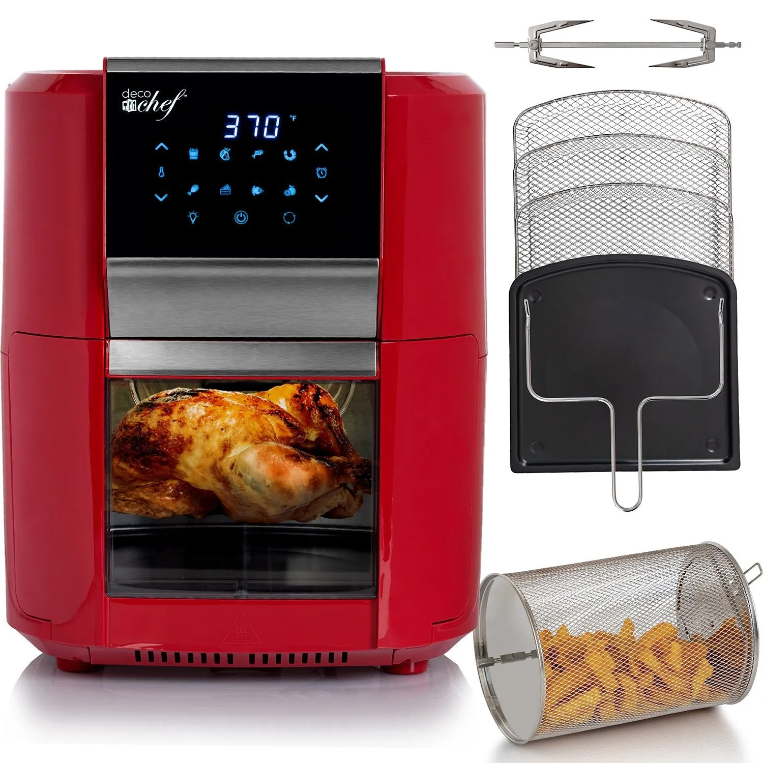 Deco Chef 12.7QT Digital Air Fryer Oven, with 3 Racks, Rotisserie, 8 Meal Presets, Red