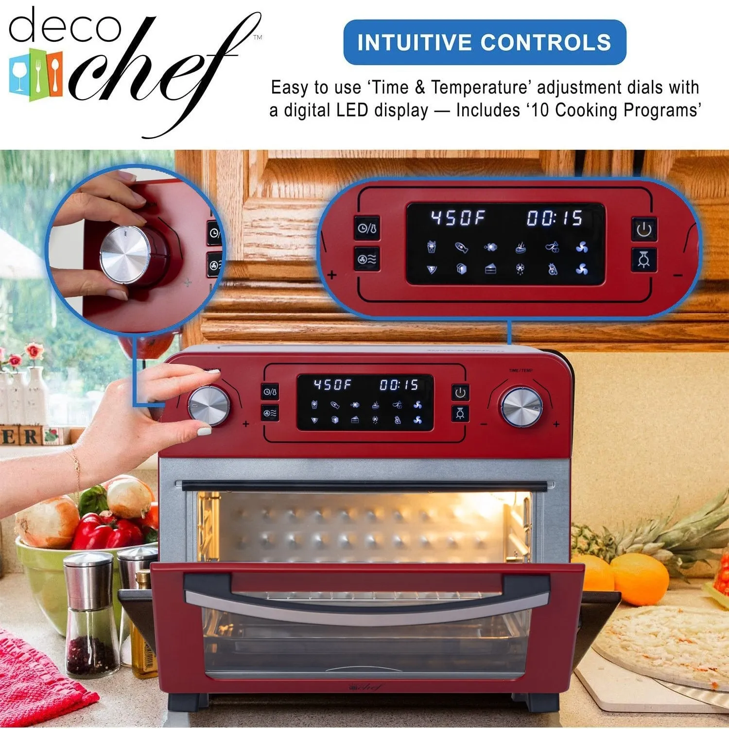 Deco Chef 24QT Countertop Toaster Air Fryer Oven, Red   Bonus Deco Chef 12-Piece Knife Set