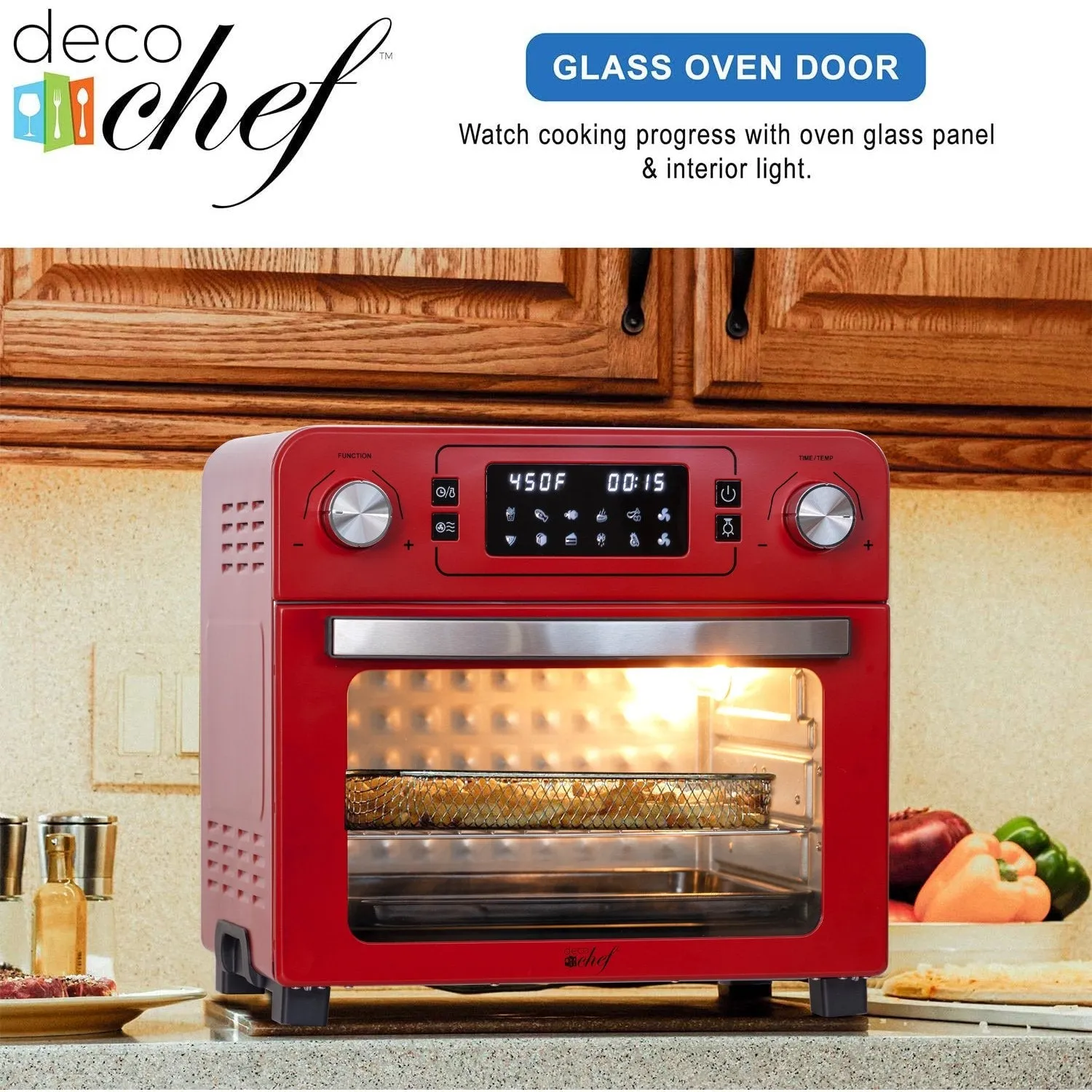 Deco Chef 24QT Countertop Toaster Air Fryer Oven, Red   Bonus Deco Chef 12-Piece Knife Set