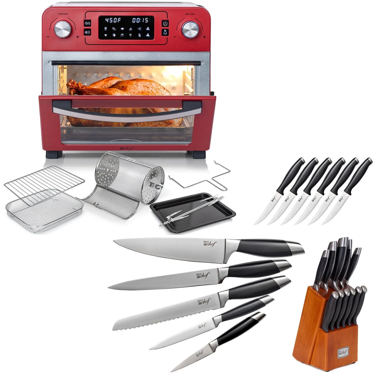 Deco Chef 24QT Countertop Toaster Air Fryer Oven, Red   Bonus Deco Chef 12-Piece Knife Set