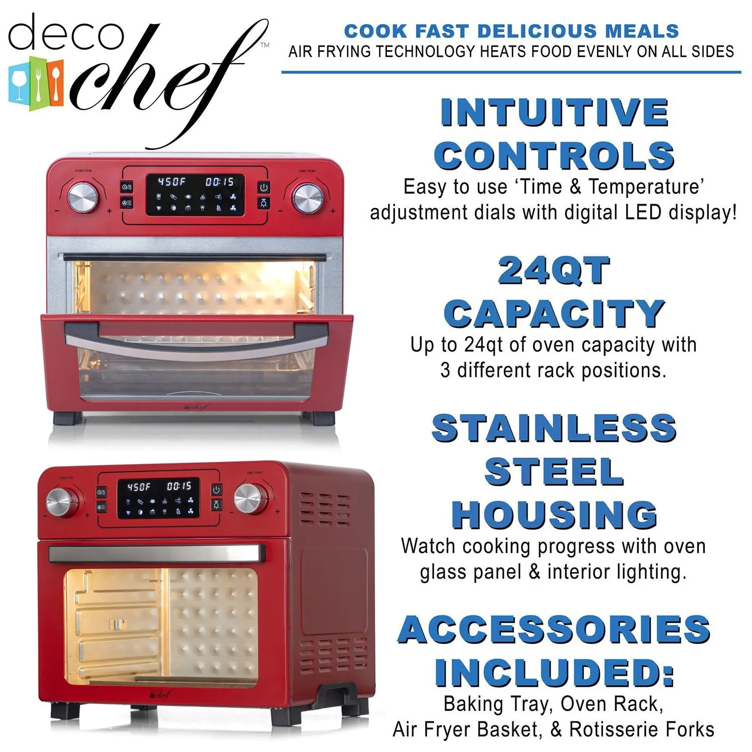 Deco Chef 24QT Countertop Toaster Air Fryer Oven, Red   Bonus Deco Chef 12-Piece Knife Set