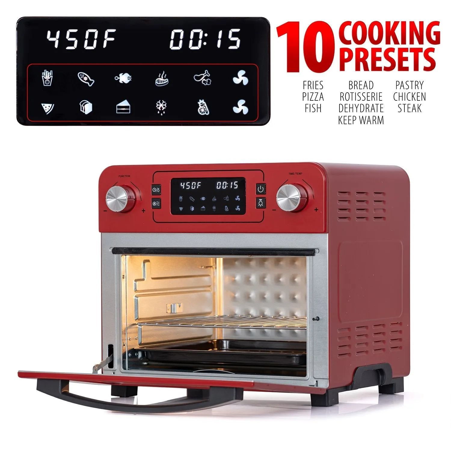 Deco Chef 24QT Countertop Toaster Air Fryer Oven, Red   Bonus Deco Chef 16 Piece Knife Set