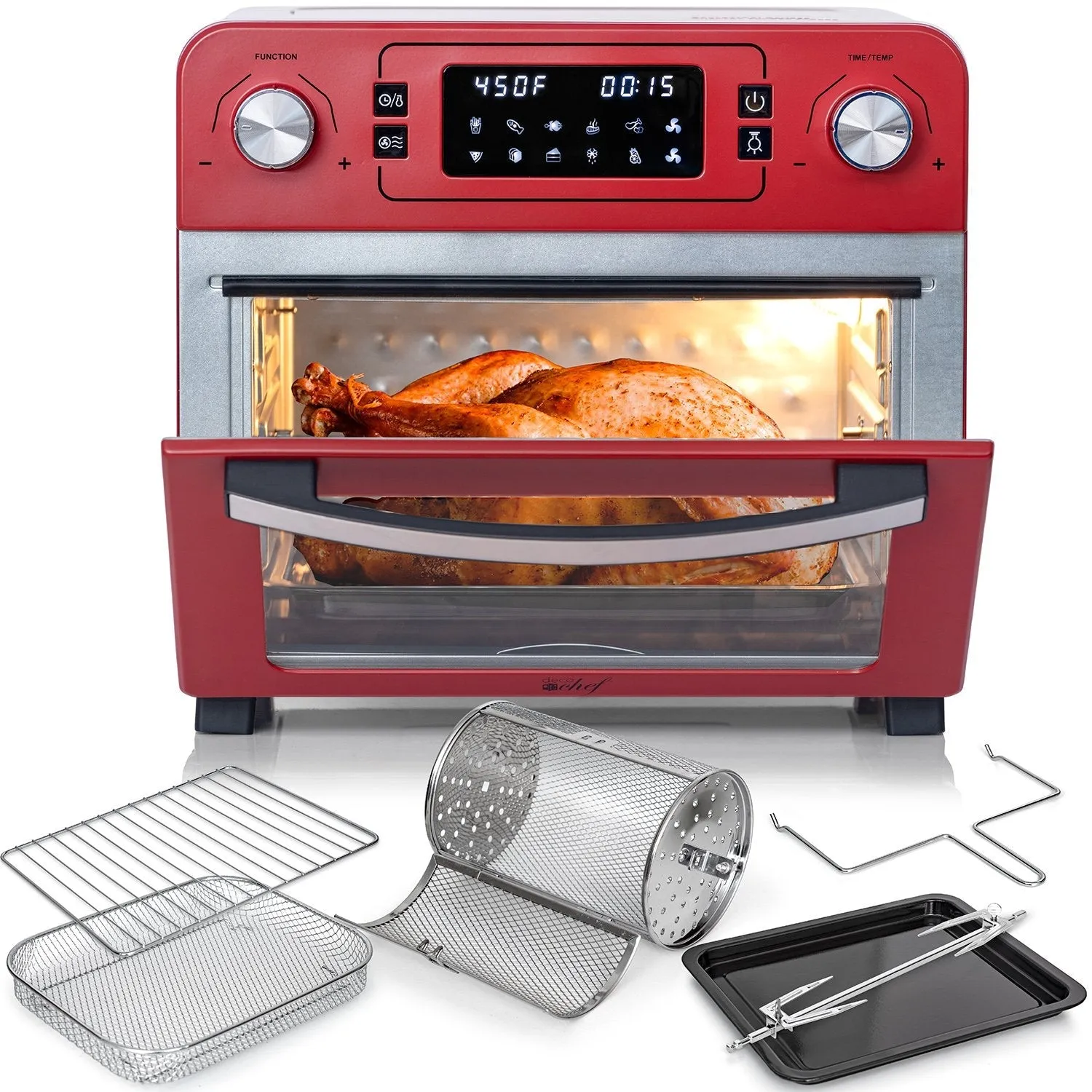 Deco Chef 24QT Countertop Toaster Air Fryer Oven, Red   Bonus Deco Chef 16 Piece Knife Set