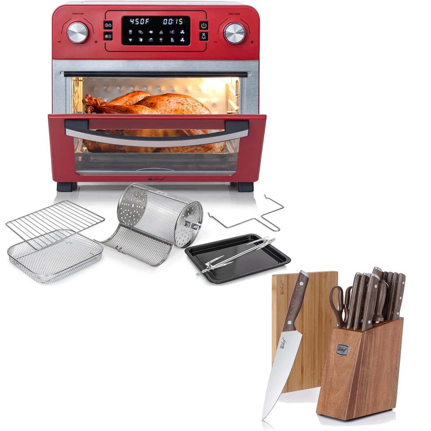 Deco Chef 24QT Countertop Toaster Air Fryer Oven, Red   Bonus Deco Chef 16 Piece Knife Set