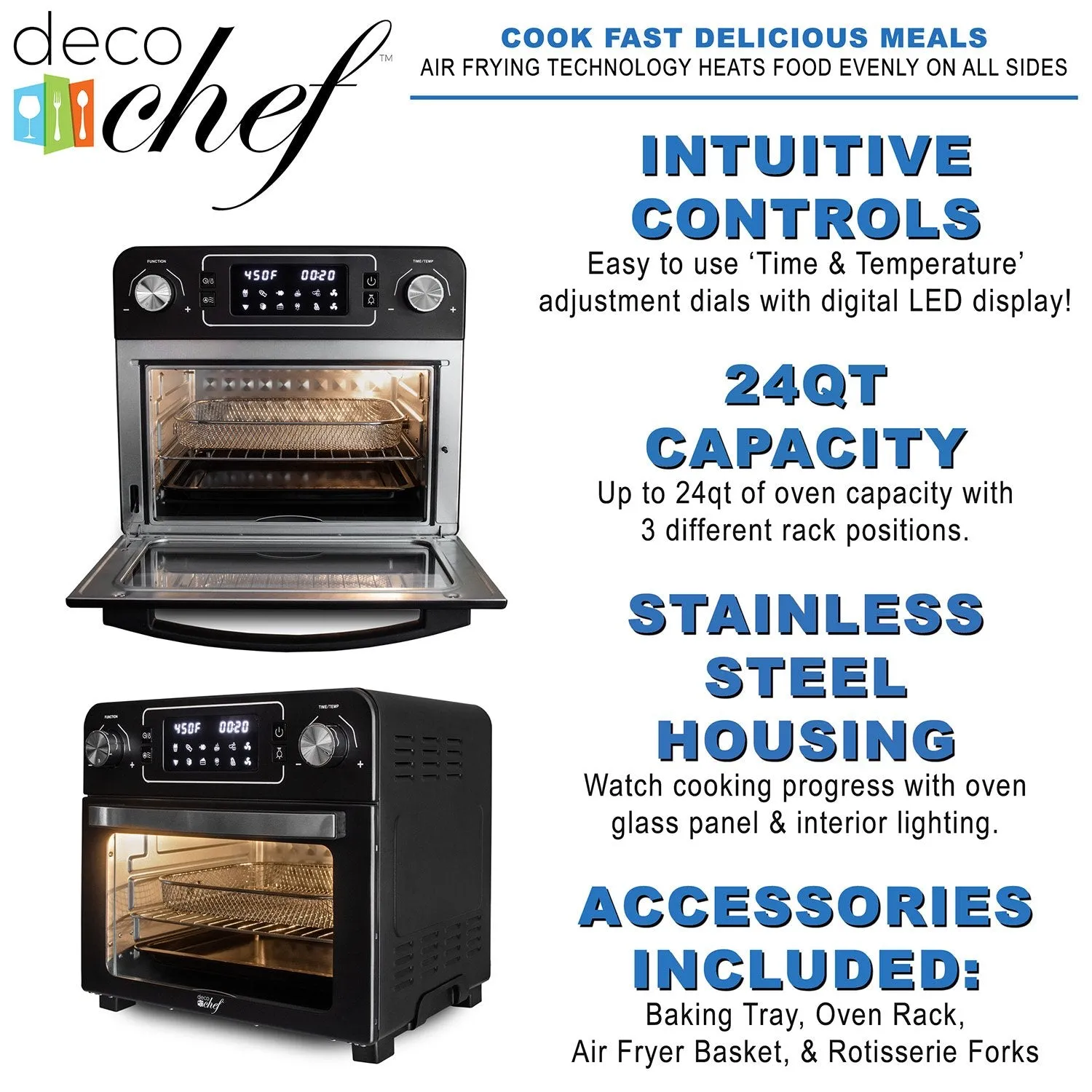 Deco Chef 24QT Stainless Steel Countertop Toaster Air Fryer Oven, Black - Refurbished