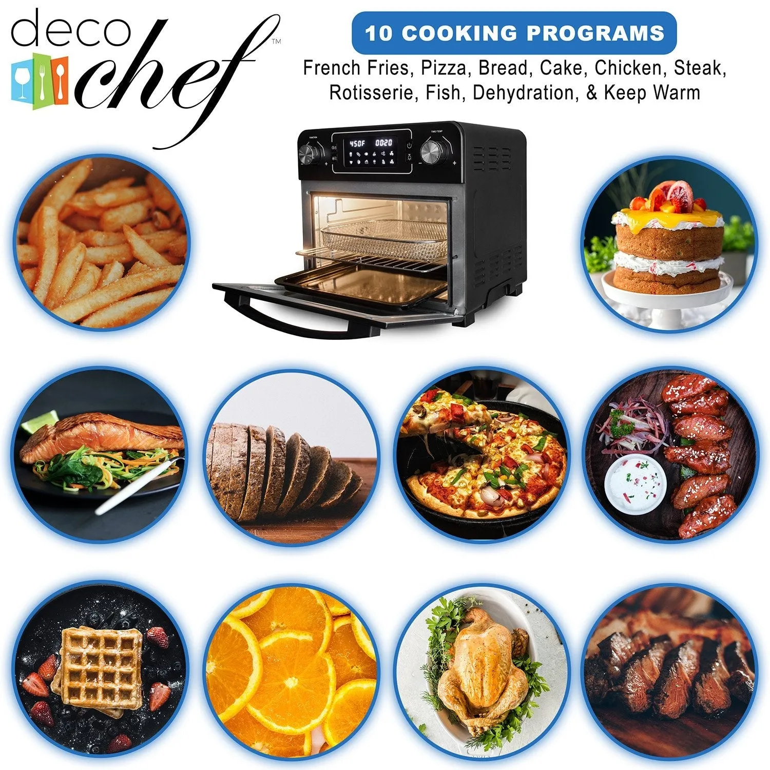 Deco Chef 24QT Stainless Steel Countertop Toaster Air Fryer Oven, Black - Refurbished