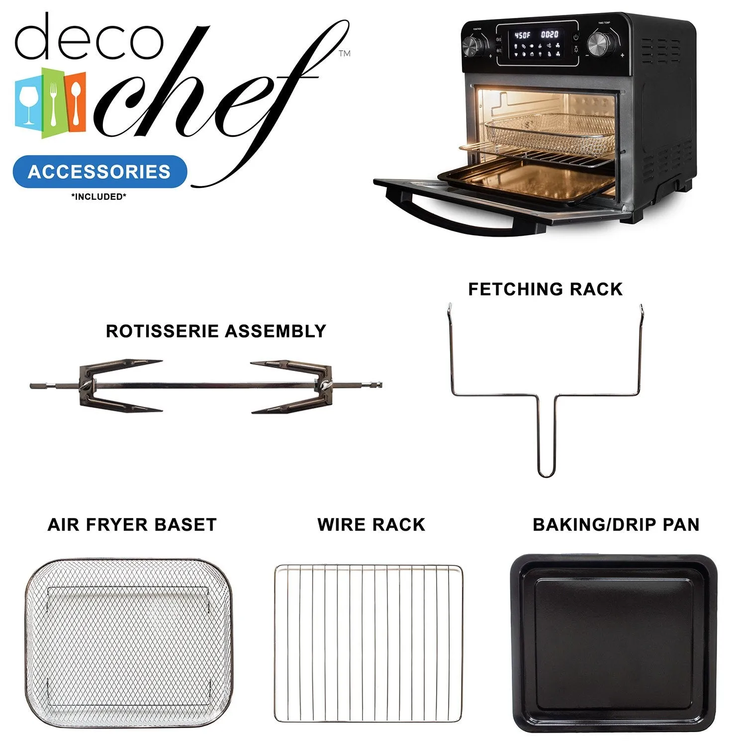 Deco Chef 24QT Stainless Steel Countertop Toaster Air Fryer Oven, Black - Refurbished