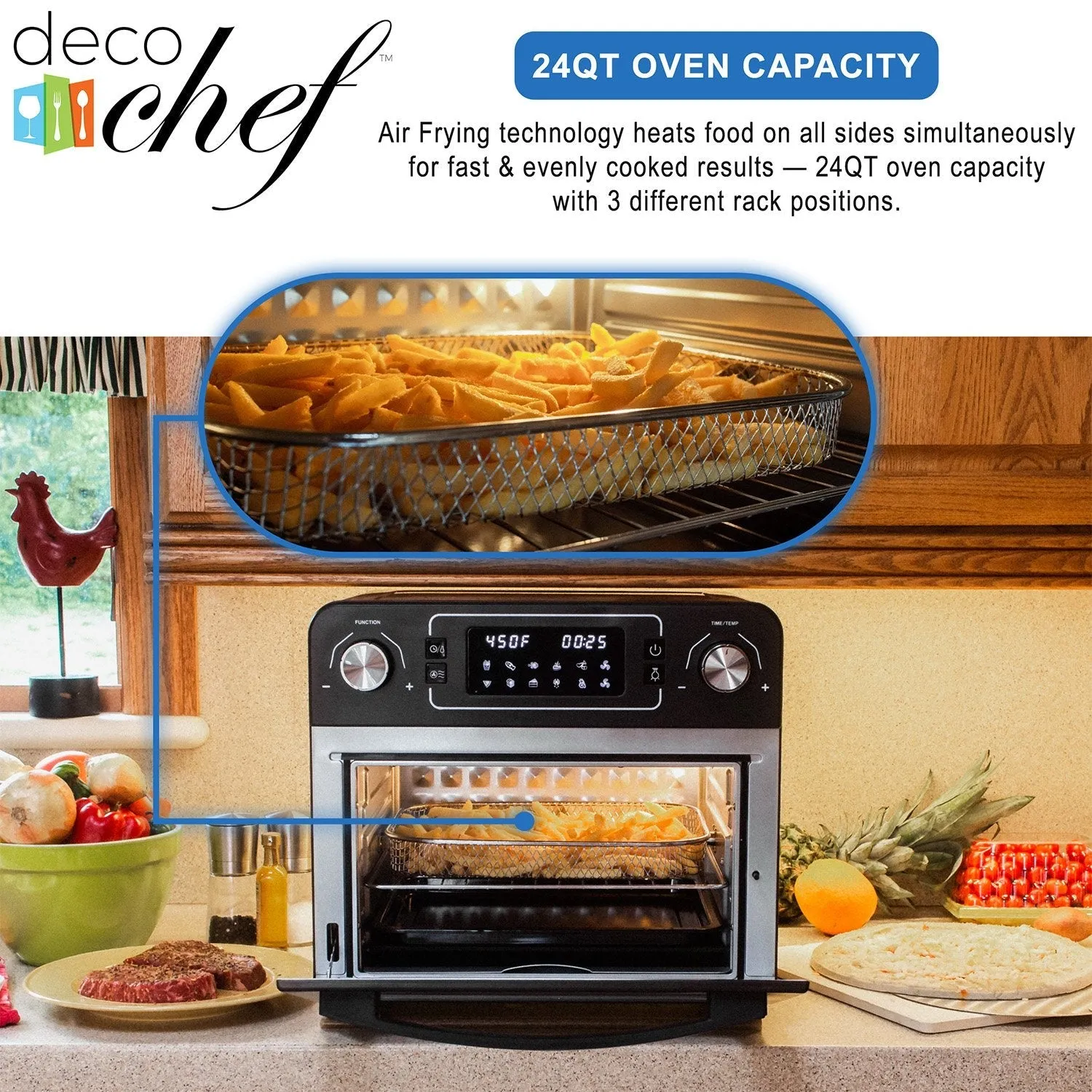 Deco Chef 24QT Stainless Steel Countertop Toaster Air Fryer Oven, Black - Refurbished