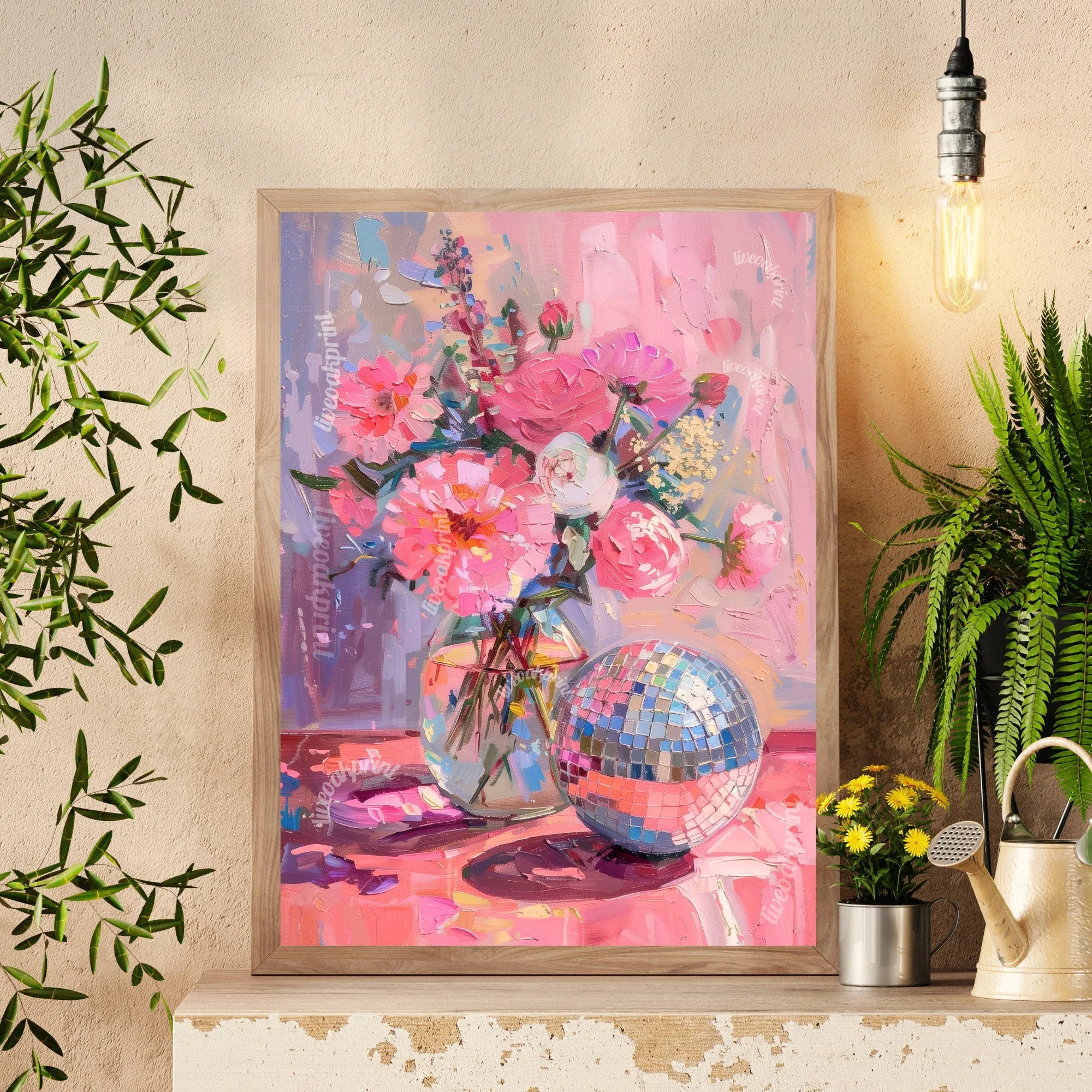 Disco Ball and Flowers - Disco Kitchen Print - Pink Wall Art - Living Room Wall Art - Boho Wall Decor - Classy Disco Print