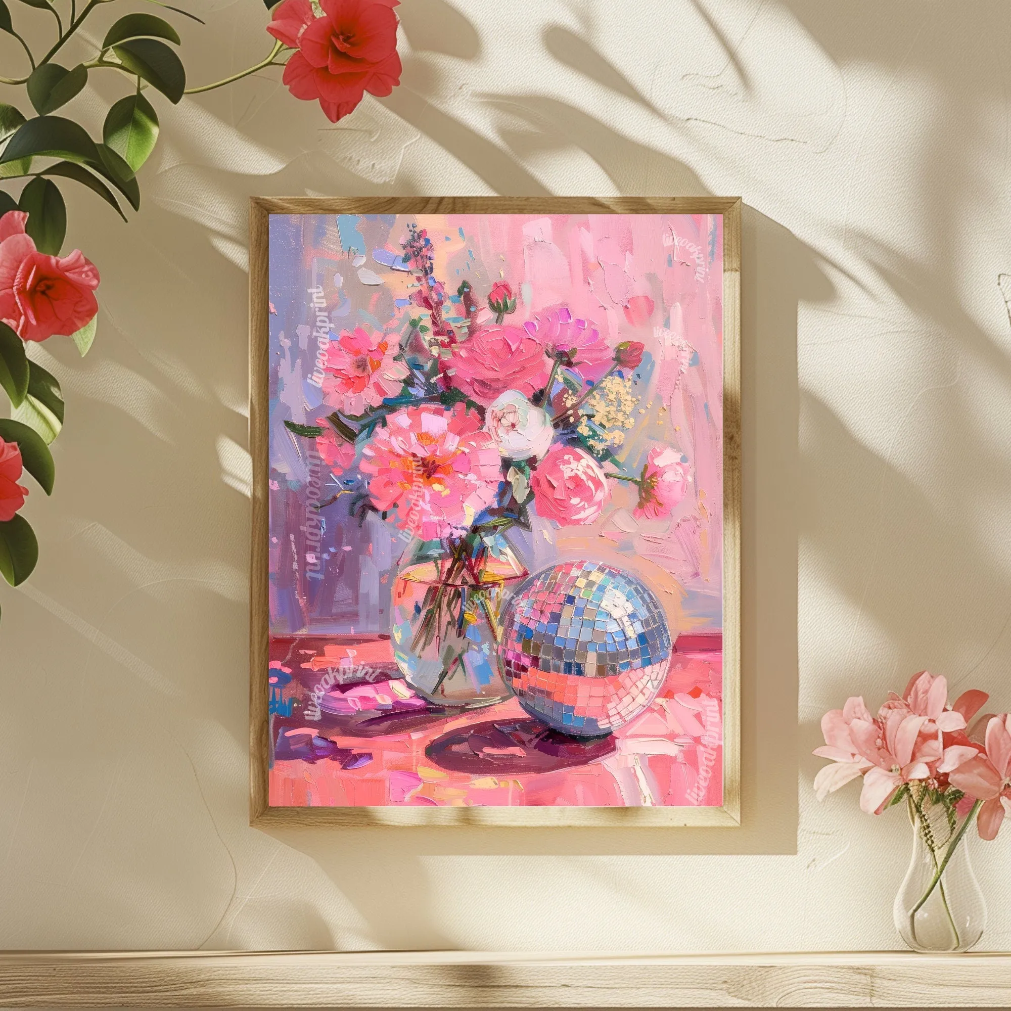 Disco Ball and Flowers - Disco Kitchen Print - Pink Wall Art - Living Room Wall Art - Boho Wall Decor - Classy Disco Print