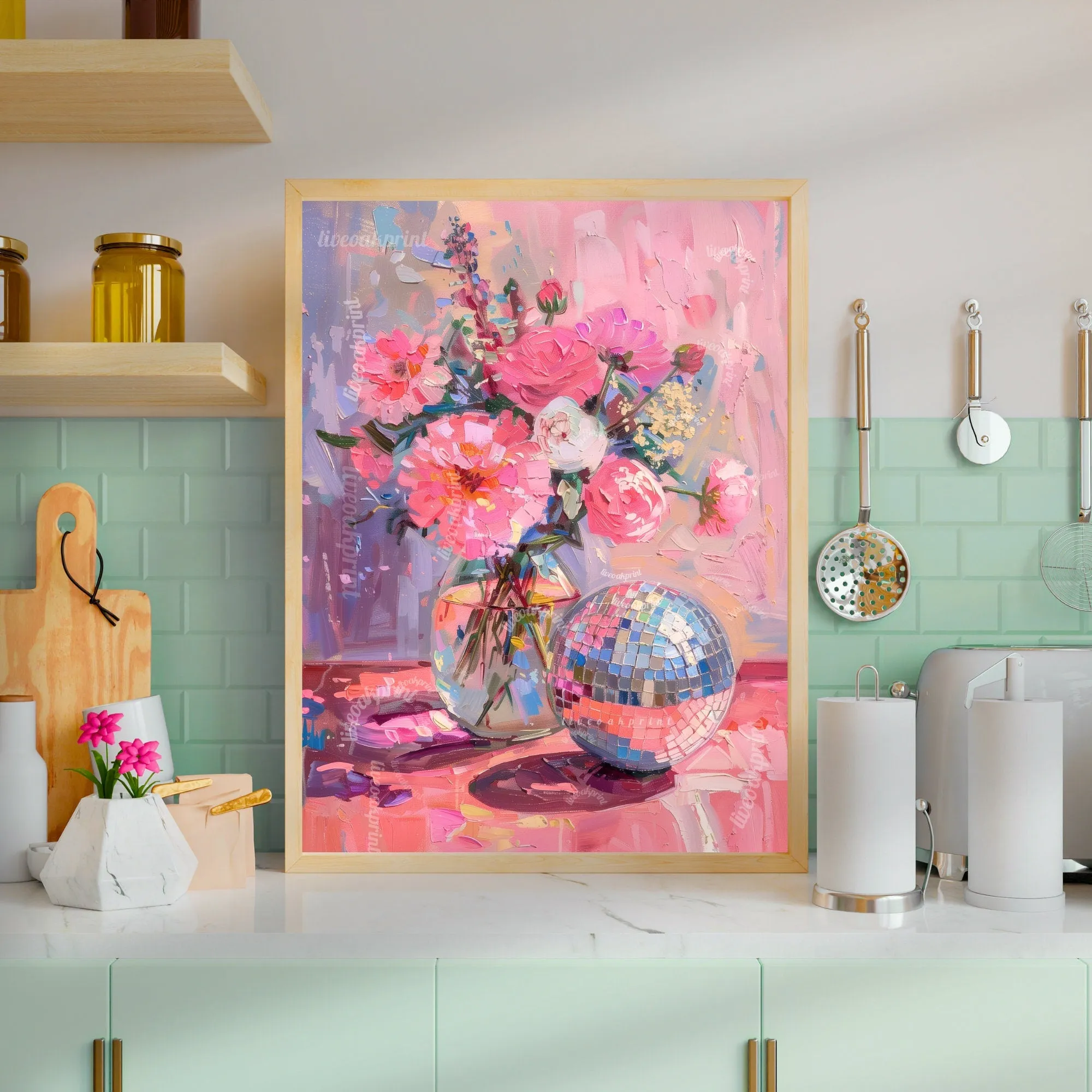 Disco Ball and Flowers - Disco Kitchen Print - Pink Wall Art - Living Room Wall Art - Boho Wall Decor - Classy Disco Print