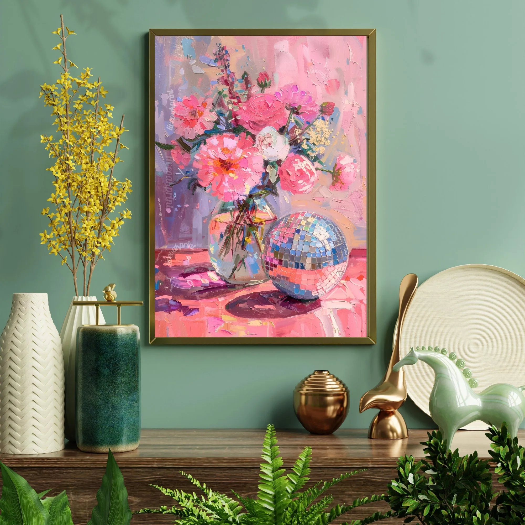 Disco Ball and Flowers - Disco Kitchen Print - Pink Wall Art - Living Room Wall Art - Boho Wall Decor - Classy Disco Print