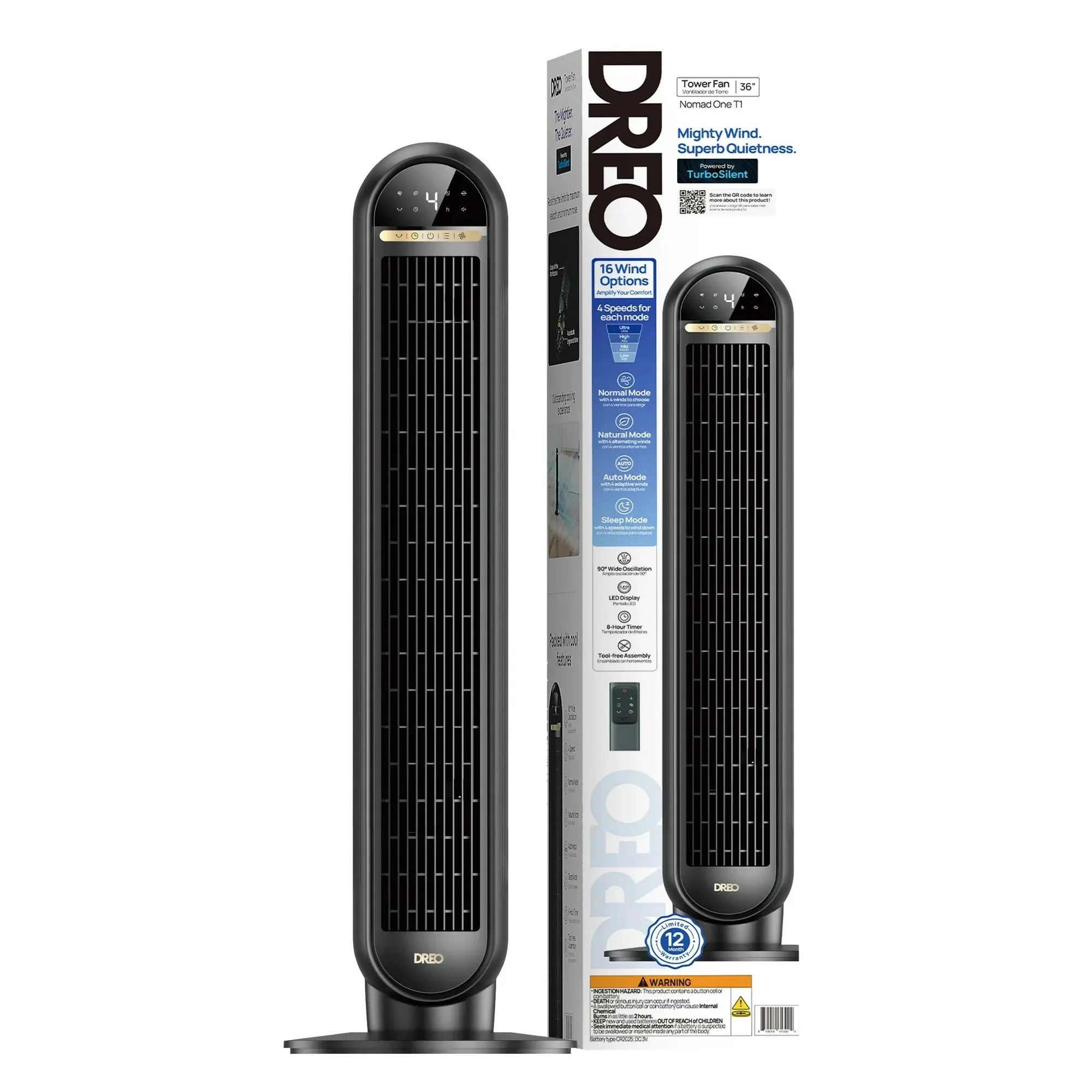 Dreo New 36-in Standing Tower Fans with Remote, 90 Oscillation, LED Display, 4 Speeds, 4 Modes, 8H Timer, Quiet