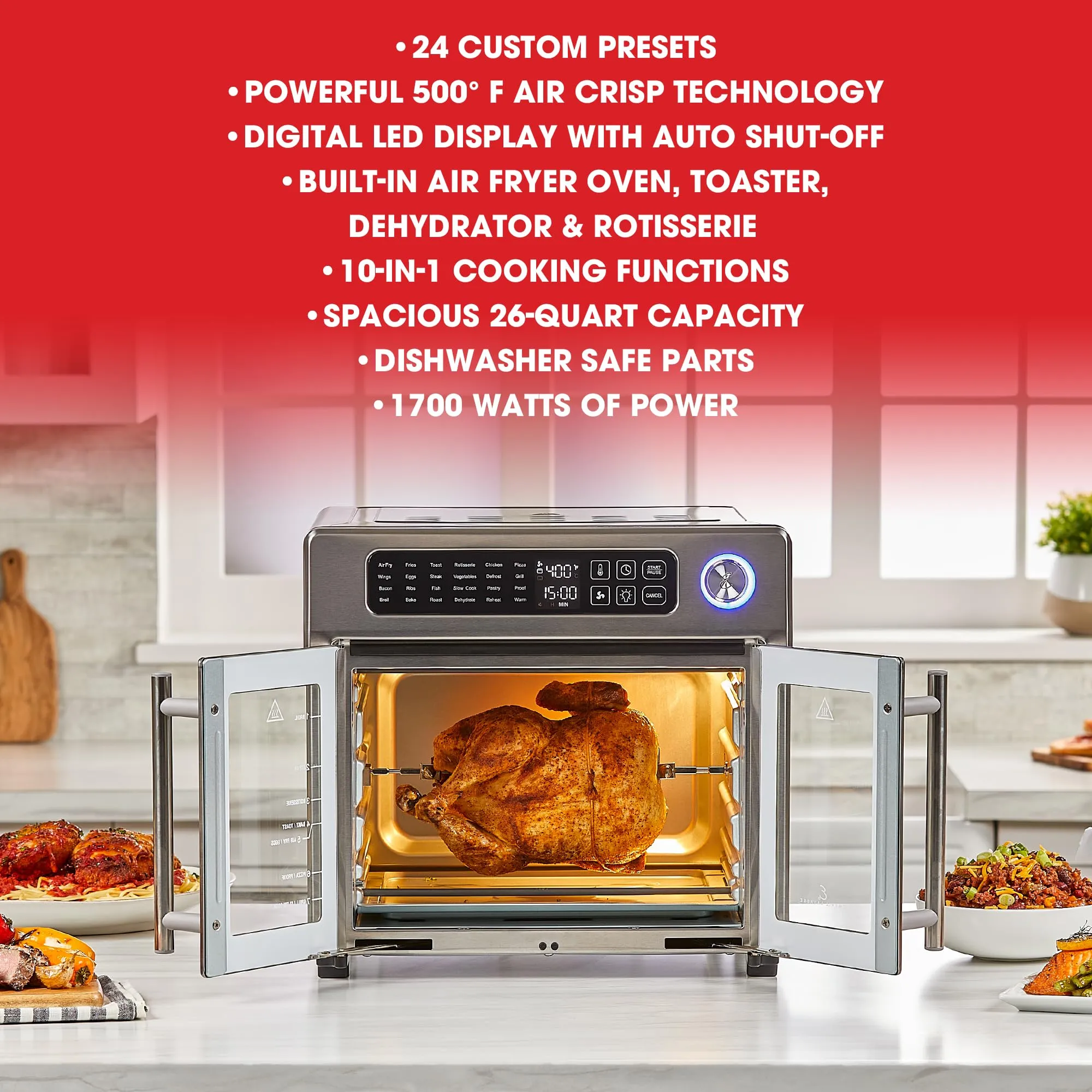 Emeril Lagasse 26 QT Extra Large Air Fryer, Convection Toaster Oven with French Doors, Stainless Steel