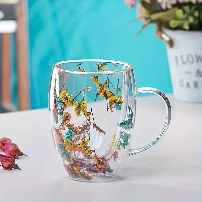 Flowers Double Insulated Glass Cup for Hot and Cold