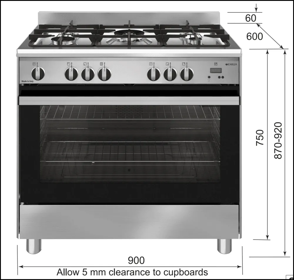 Glem GS965GGN 90cm Gas Black & Stainless Steel Italian Made Stove - Special Order