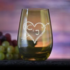 Heart, Arrow and Initials Etched Green Stemless Wine Glass | Crystal Imagery